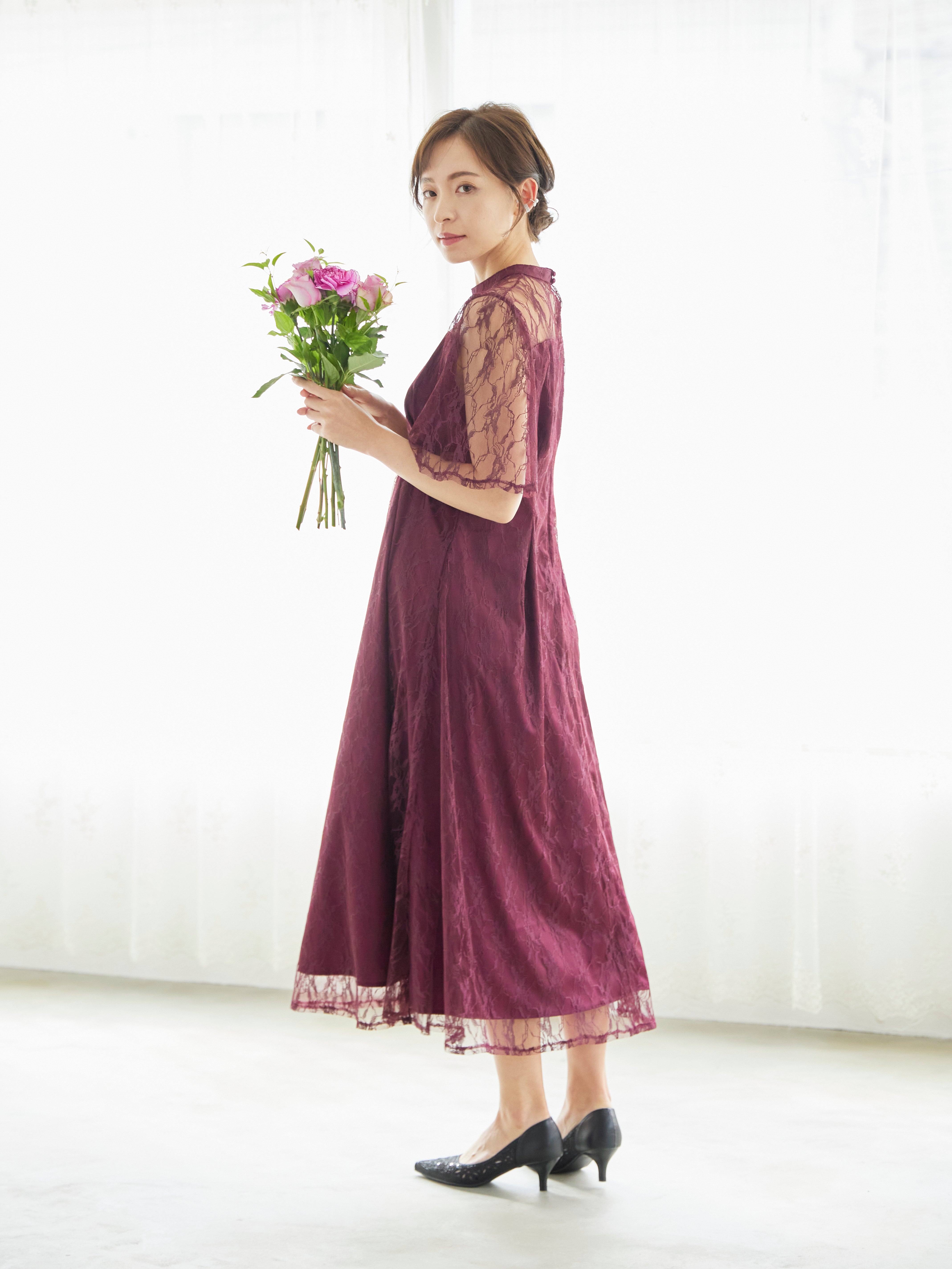 [レンタル] BELINDA DE CAPRIS 総レースフレア袖 ハイネック ワンピースドレス ワインレッドの宅配レンタル - 7