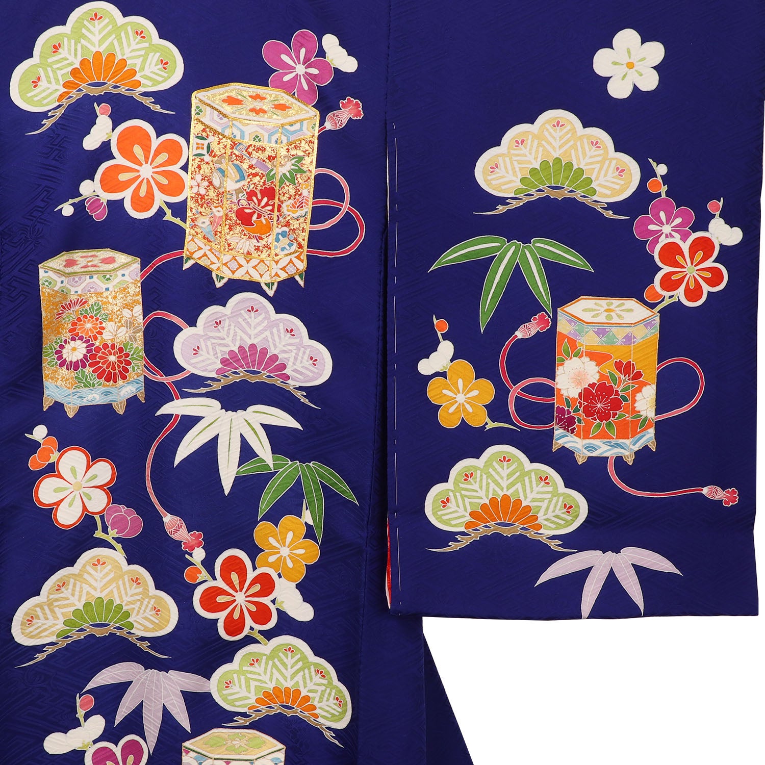 [レンタル] [手描友禅] 女の子 お宮参り 産着 手描友禅 レンタル6点フルセット 正絹 金駒刺繍の貝桶に松竹梅 加賀調の紺色の宅配レンタル - 3