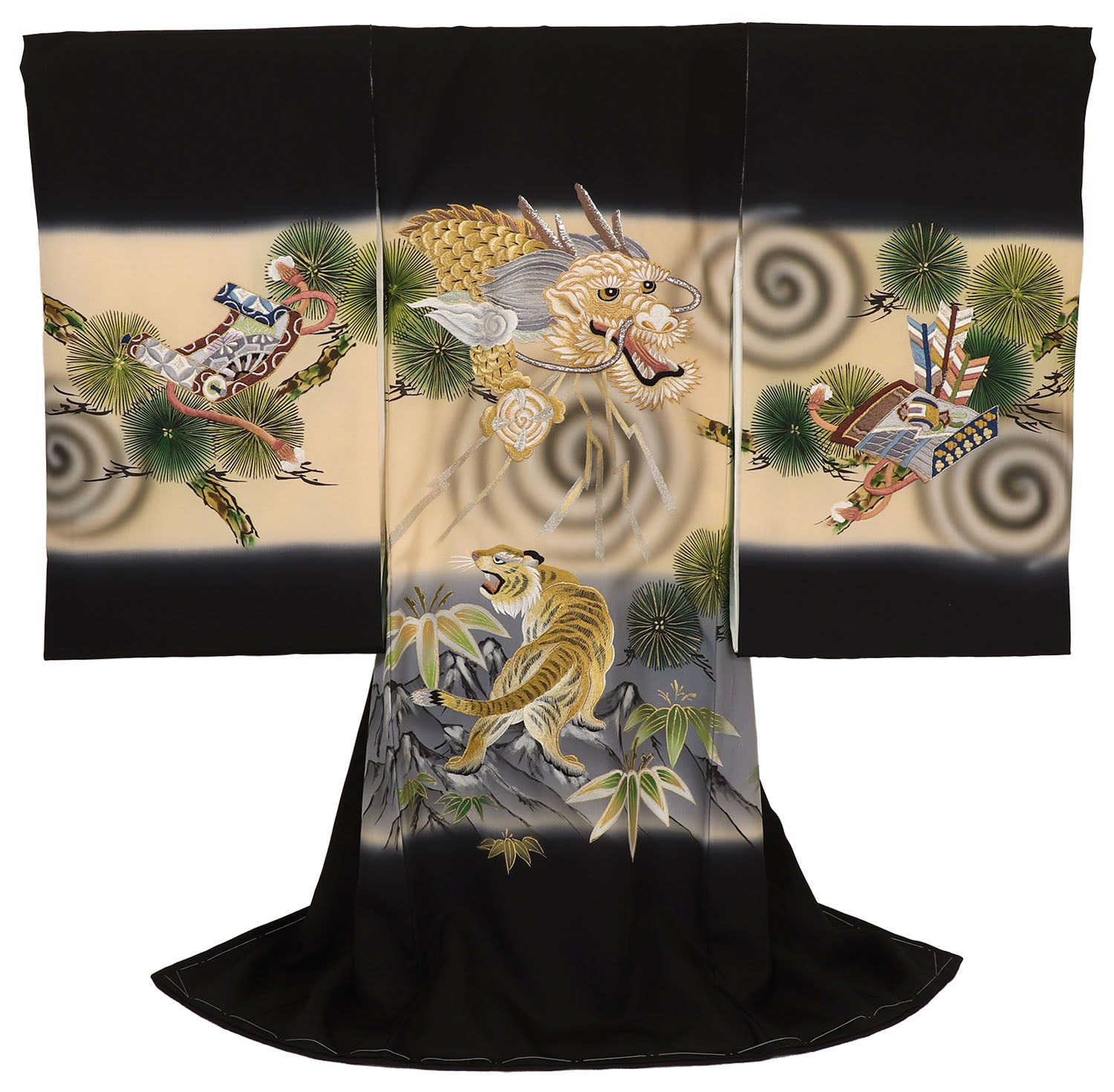 [レンタル] 男の子 お宮参り 産着 レンタル6点フルセット 正絹 刺繍龍虎 黒色