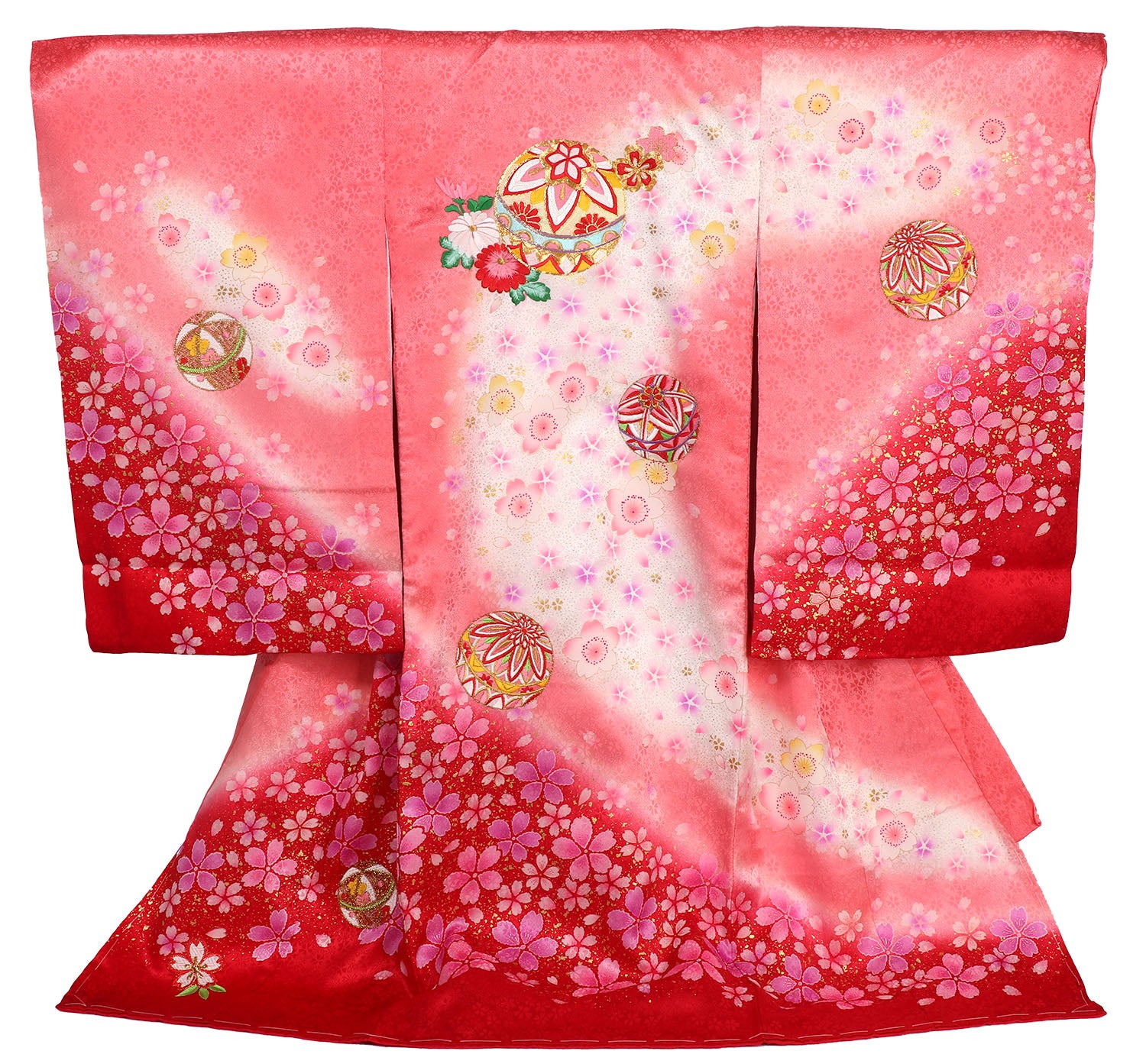 女の子 お宮参り 産着 レンタル6点フルセット 正絹 刺繍の鞠に桜づくし ピンク色