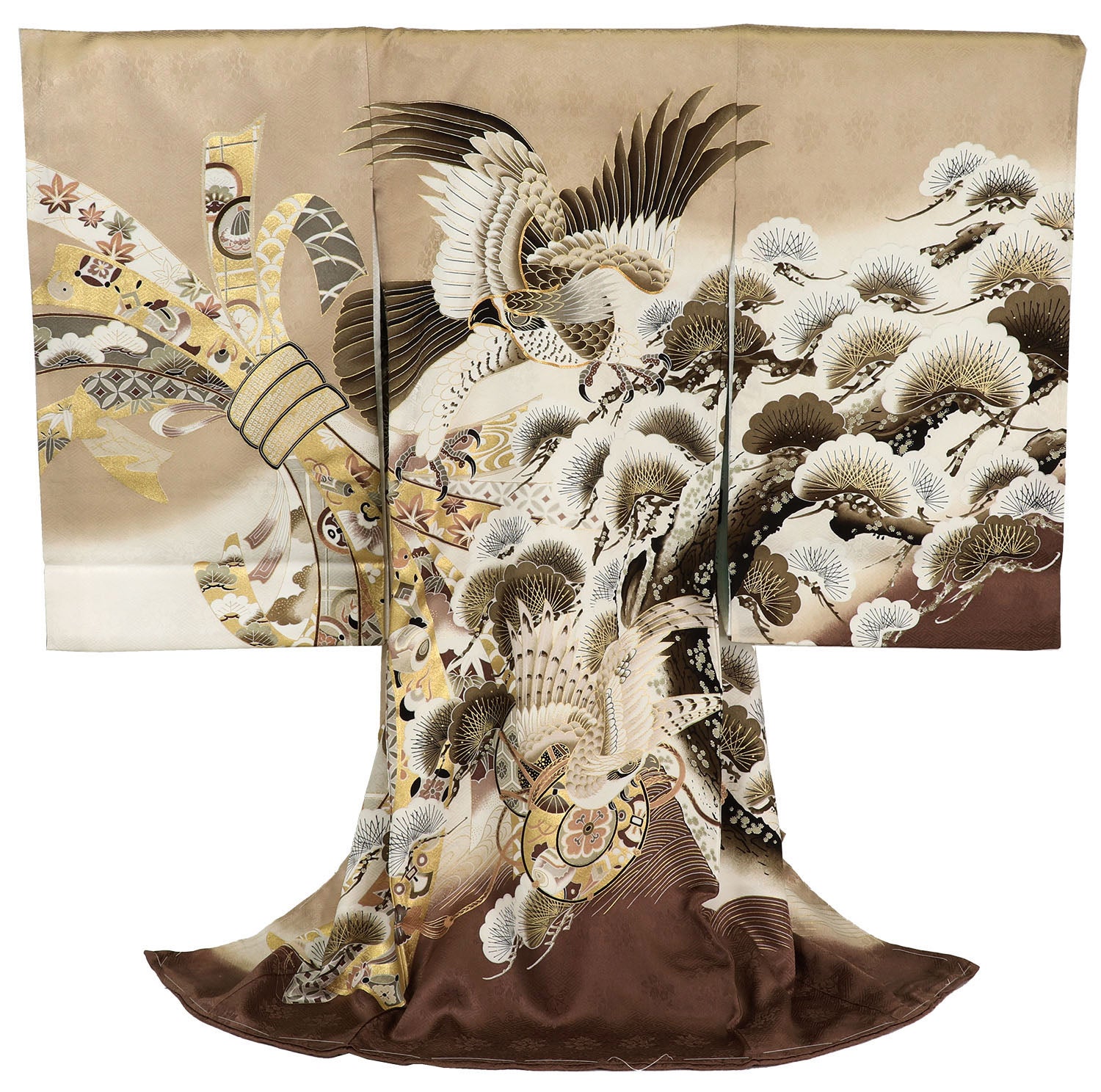 男の子 お宮参り 産着 レンタル6点フルセット 正絹 二羽鷹に束熨斗と鼓 紗綾形のブラウン色ぼかし