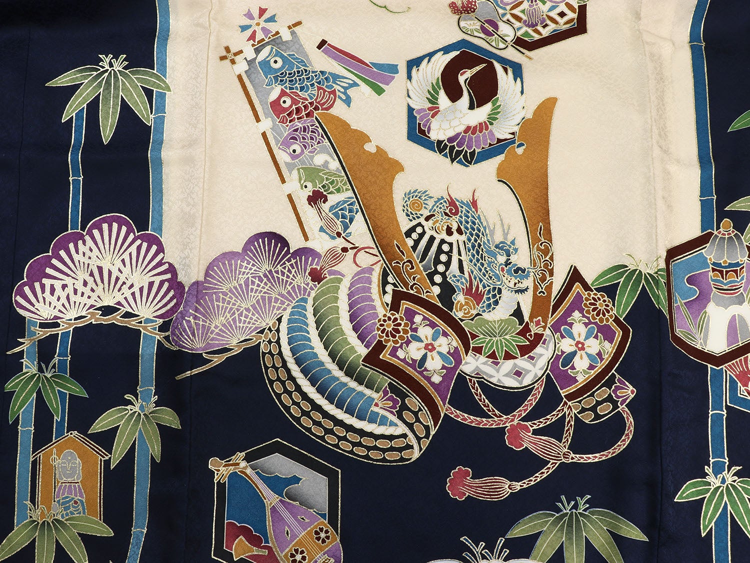 [レンタル] 男の子 お宮参り 産着 レンタル6点フルセット 正絹 鷹兜に巻物と鯉のぼり 紺色の宅配レンタル - 5