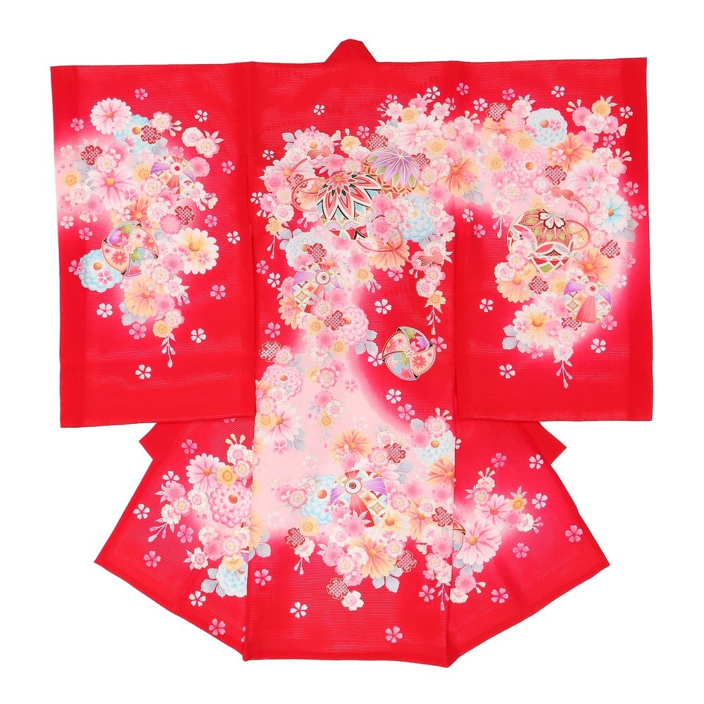 [レンタル] 女の子 お宮参り 産着・絽（夏用）レンタル6点フルセット 正絹 鞠 鞠 レッド