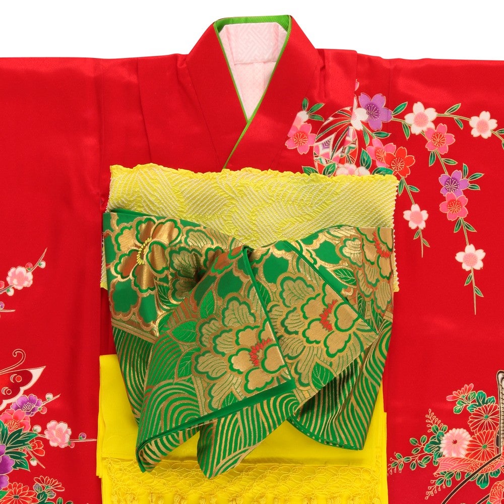 [レンタル] 七五三/節句 着物セット 7歳女の子 牡丹満開 艶やか蝶 レッド