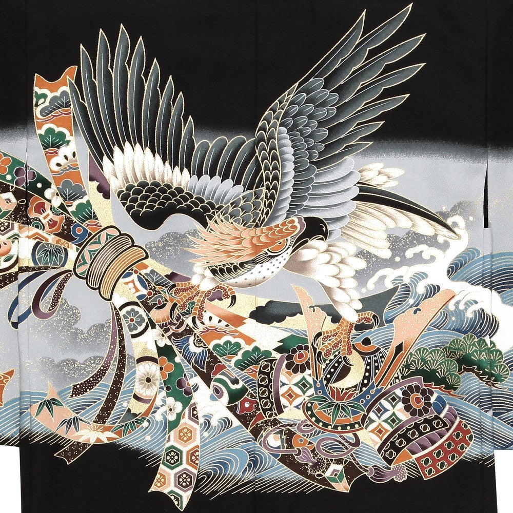 [レンタル] 七五三/節句 袴セット 3歳男の子 鷹 縦縞模様 ブラック