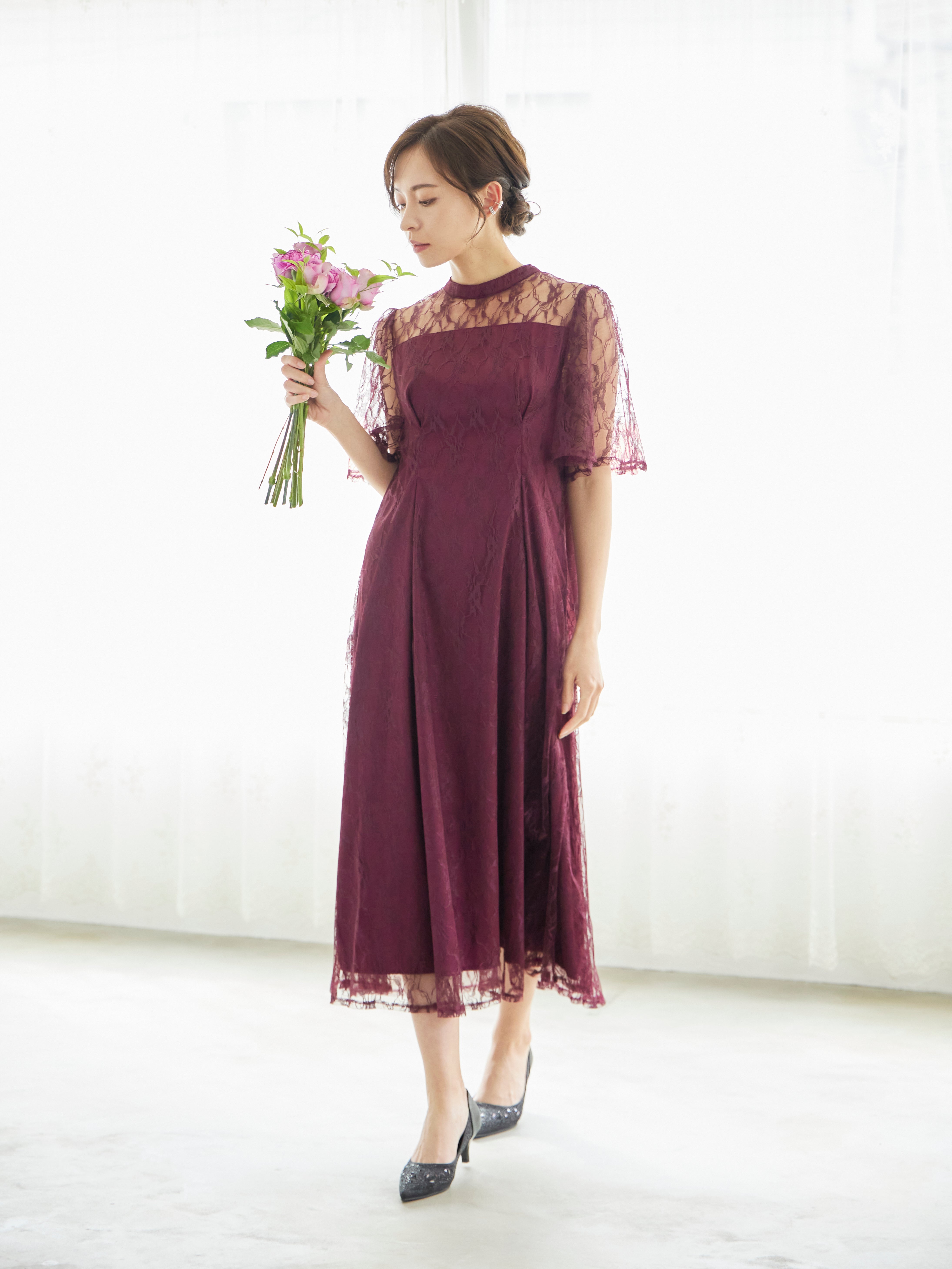 レンタル] BELINDA DE CAPRIS 総レースフレア袖 ハイネック ワンピース