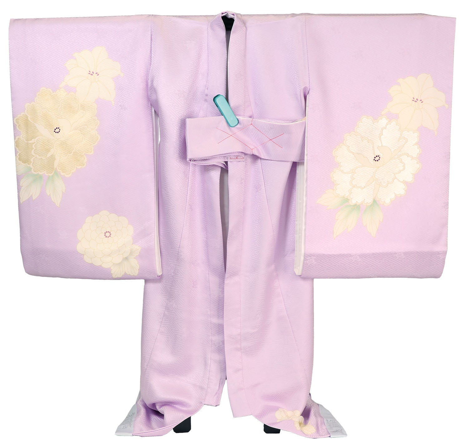 [レンタル] 女の子 お宮参り 産着 吉澤織物 レンタル6点フルセット 正絹 クリーム色の牡丹に金駒刺繍 紗綾形の藤色の宅配レンタル - 2