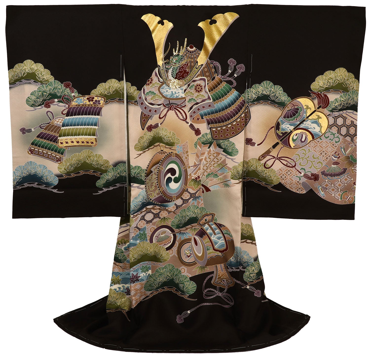 男の子 お宮参り 産着 レンタル6点フルセット 正絹 兜に陣太鼓と打ち出の小槌 黒色