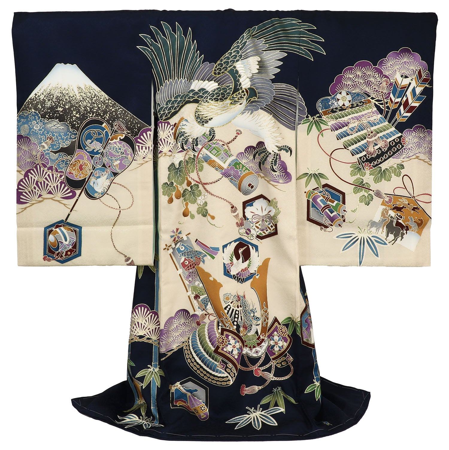 男の子 お宮参り 産着 レンタル6点フルセット 正絹 鷹兜に巻物と鯉のぼり 紺色