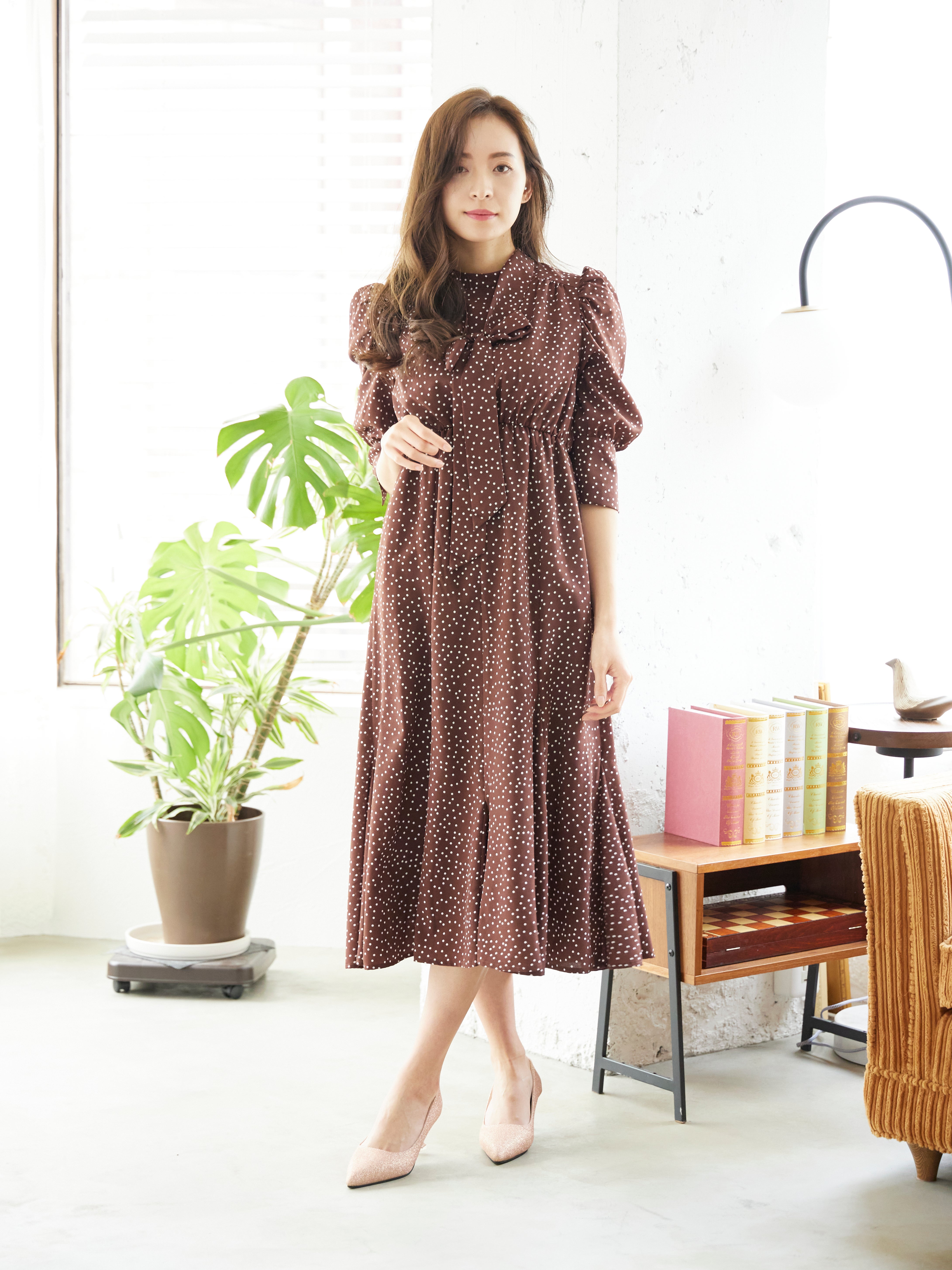 [レンタル] BELINDA DE CAPRIS ギャザースリーブ ドットワンピースドレス ブラウン Lサイズ