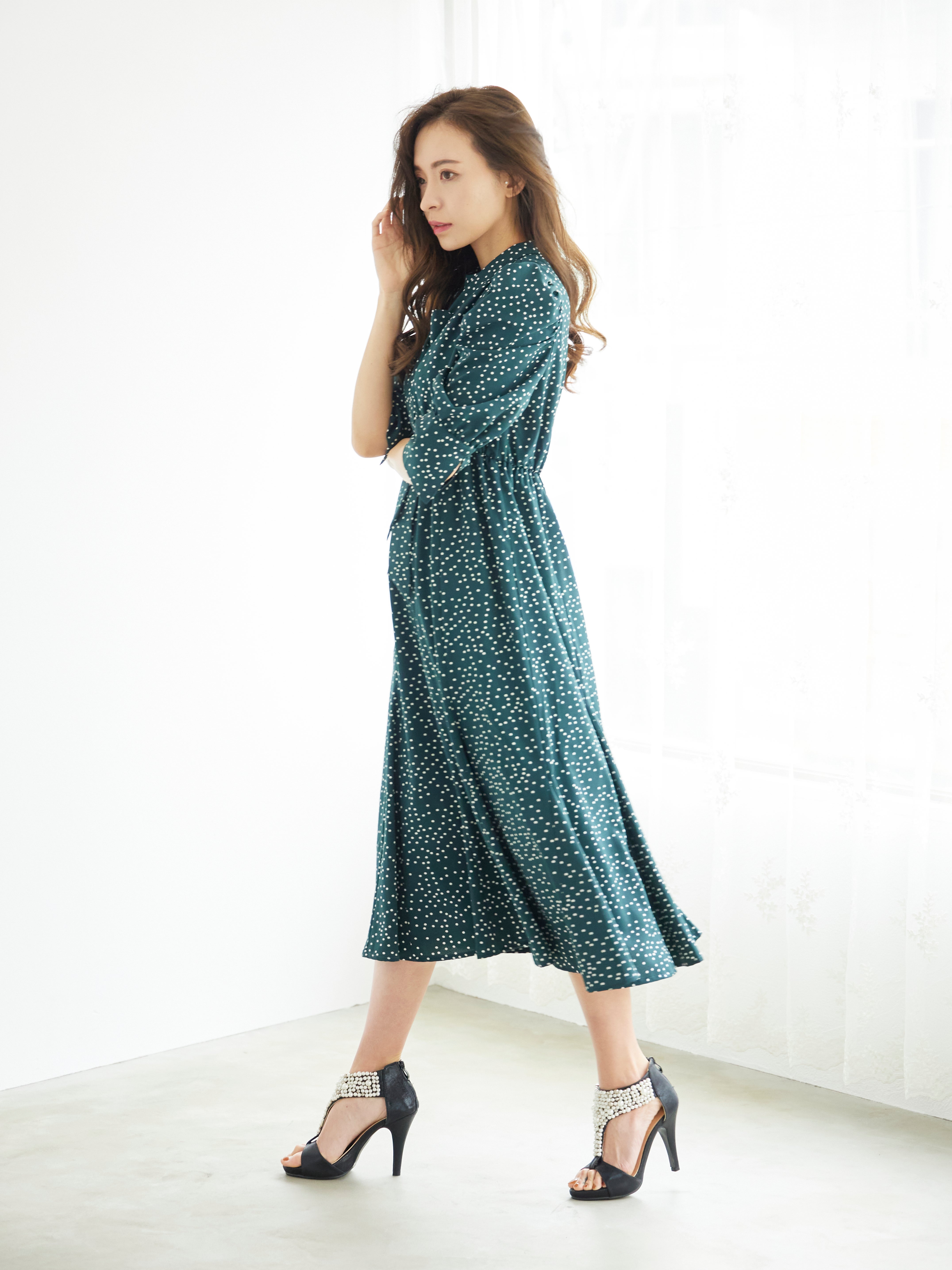 [レンタル] BELINDA DE CAPRIS ギャザースリーブ ドットワンピースドレス グリーンの宅配レンタル - 9