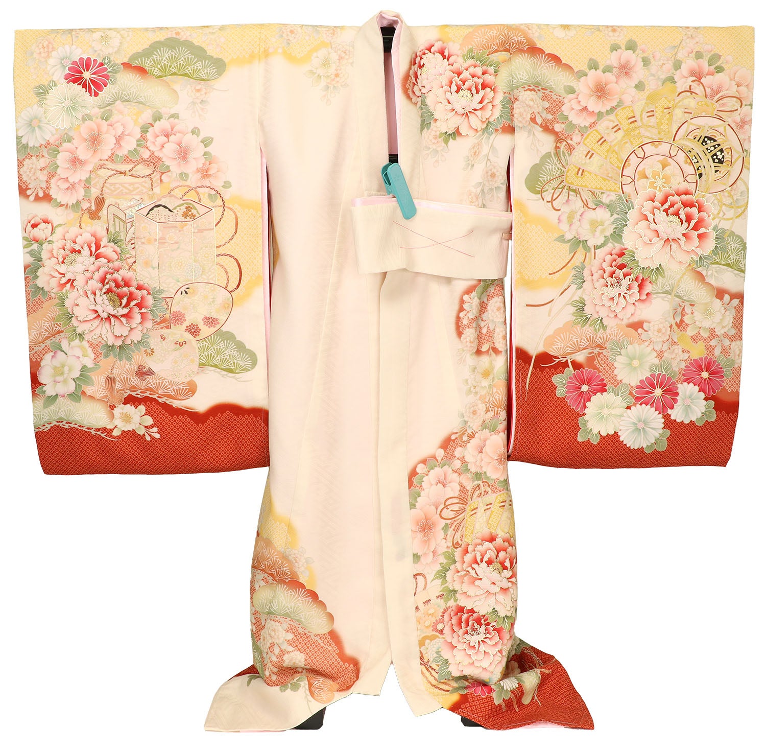 [レンタル] 女の子 お宮参り 産着 京都丸紅 / 華徒然 レンタル6点フルセット 正絹 牡丹と檜扇と貝桶 クリーム色の宅配レンタル - 2