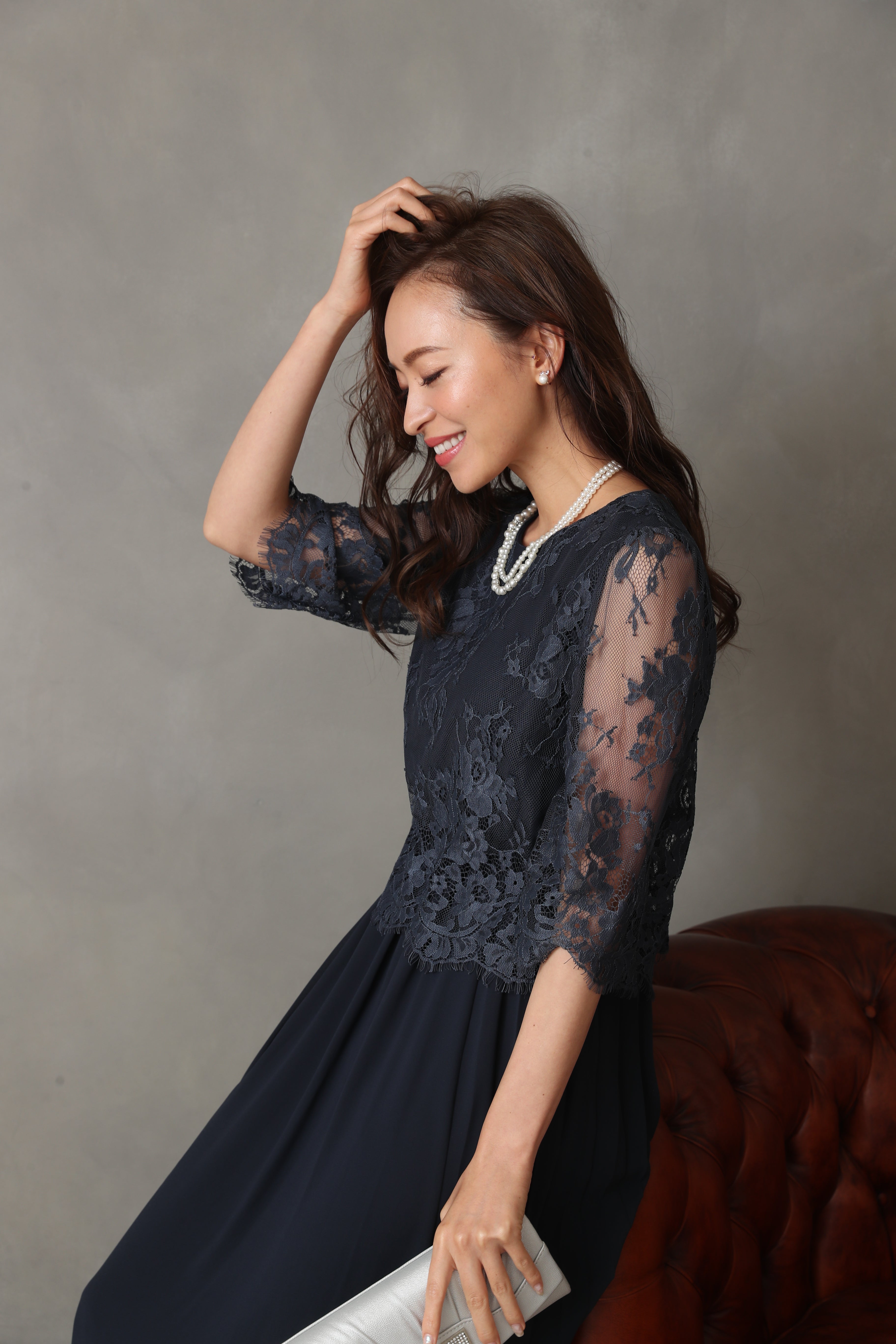 [レンタル] BELINDA DE CAPRIS サイドプリーツ レーススリーブ ワンピースドレス ネイビーの宅配レンタル - 46