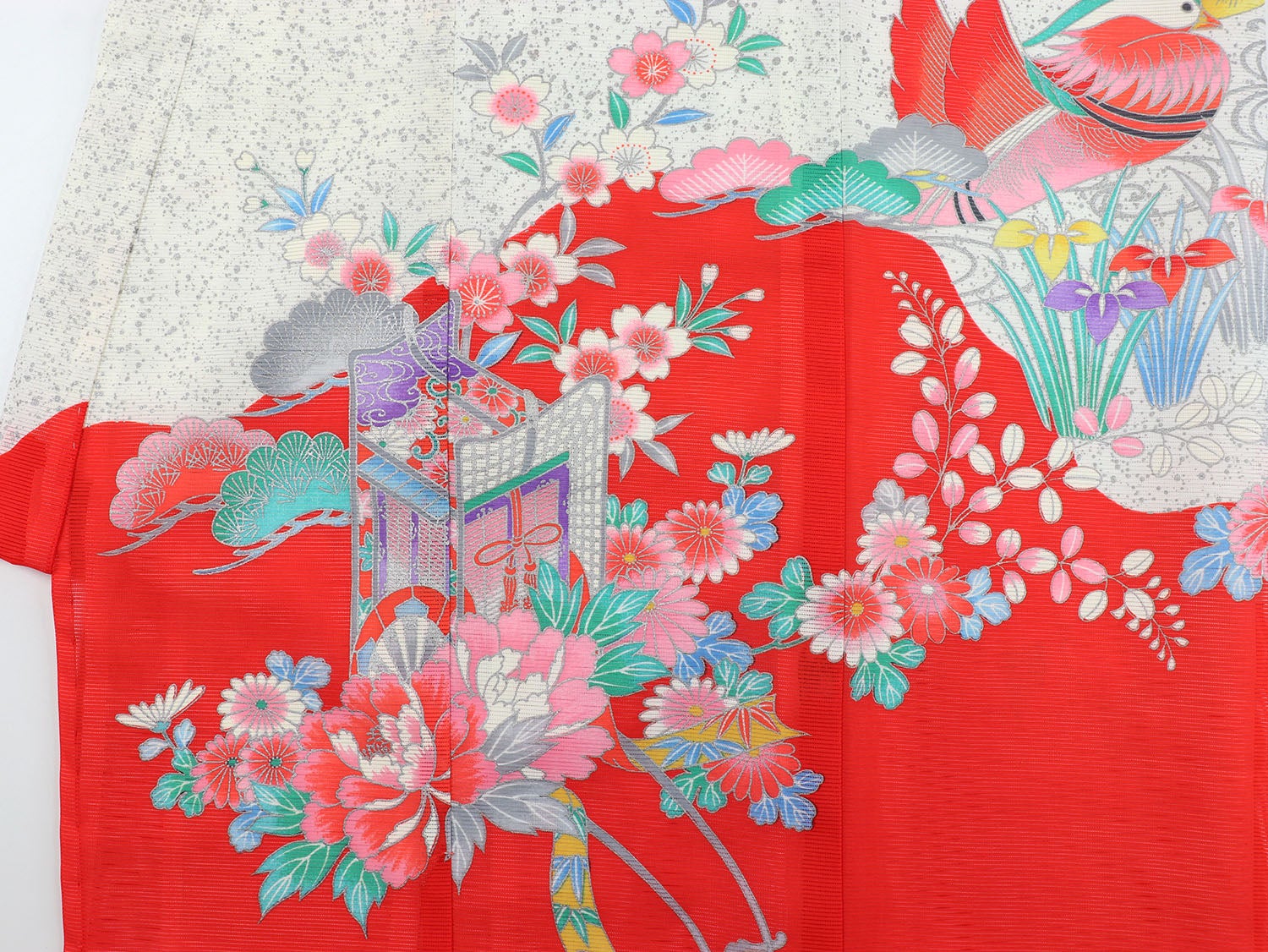 [レンタル] 女の子 お宮参り 産着 絽（夏用） レンタル6点フルセット 鞠と鴛鴦 赤色の宅配レンタル - 5