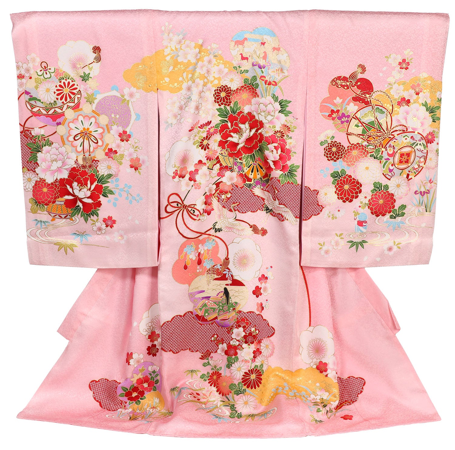 女の子 お宮参り 産着 レンタル6点フルセット 正絹 十徳の花車 ピンク色