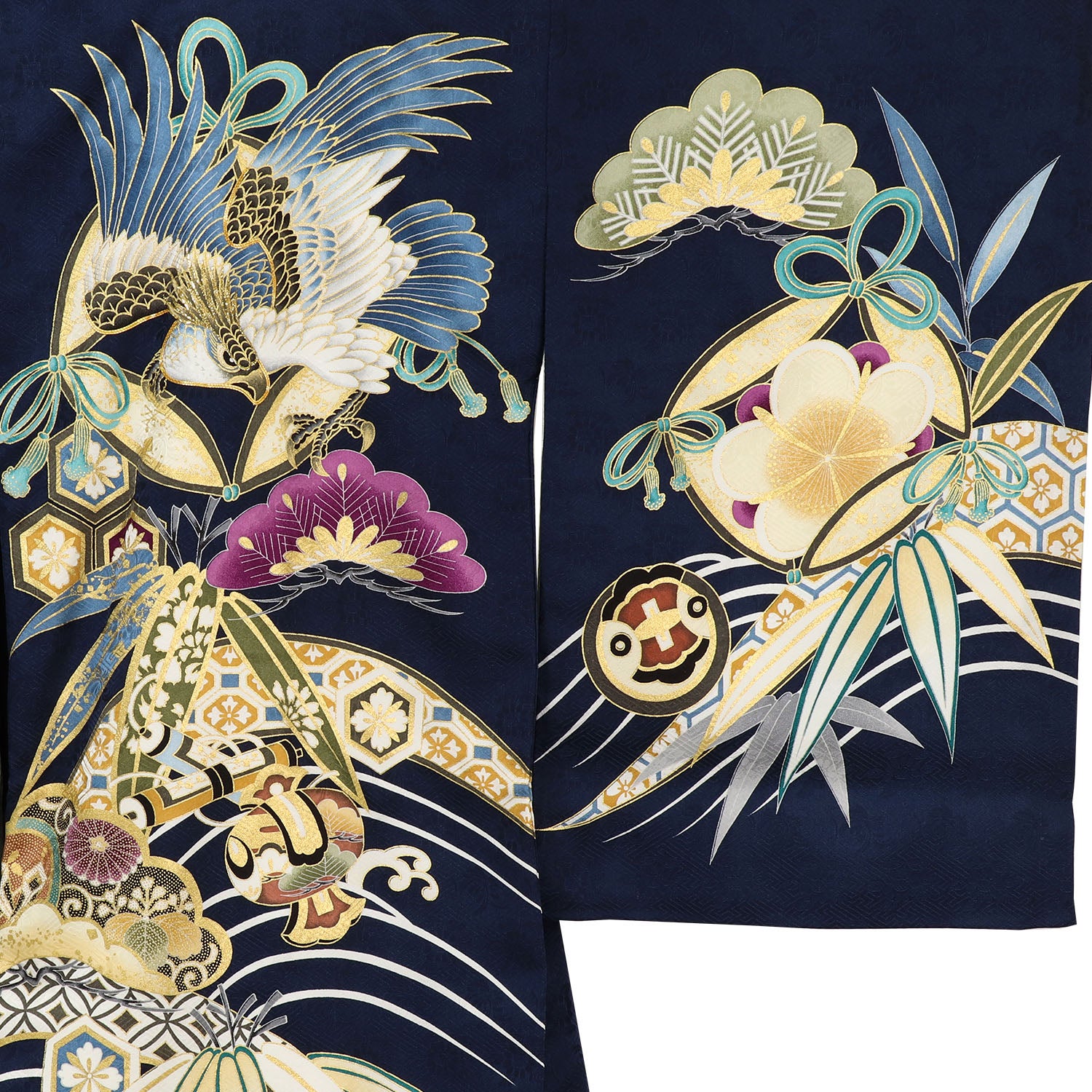 [レンタル] 男の子 お宮参り 産着 レンタル6点フルセット 正絹 鷹に吉祥文様 紺色の宅配レンタル - 3