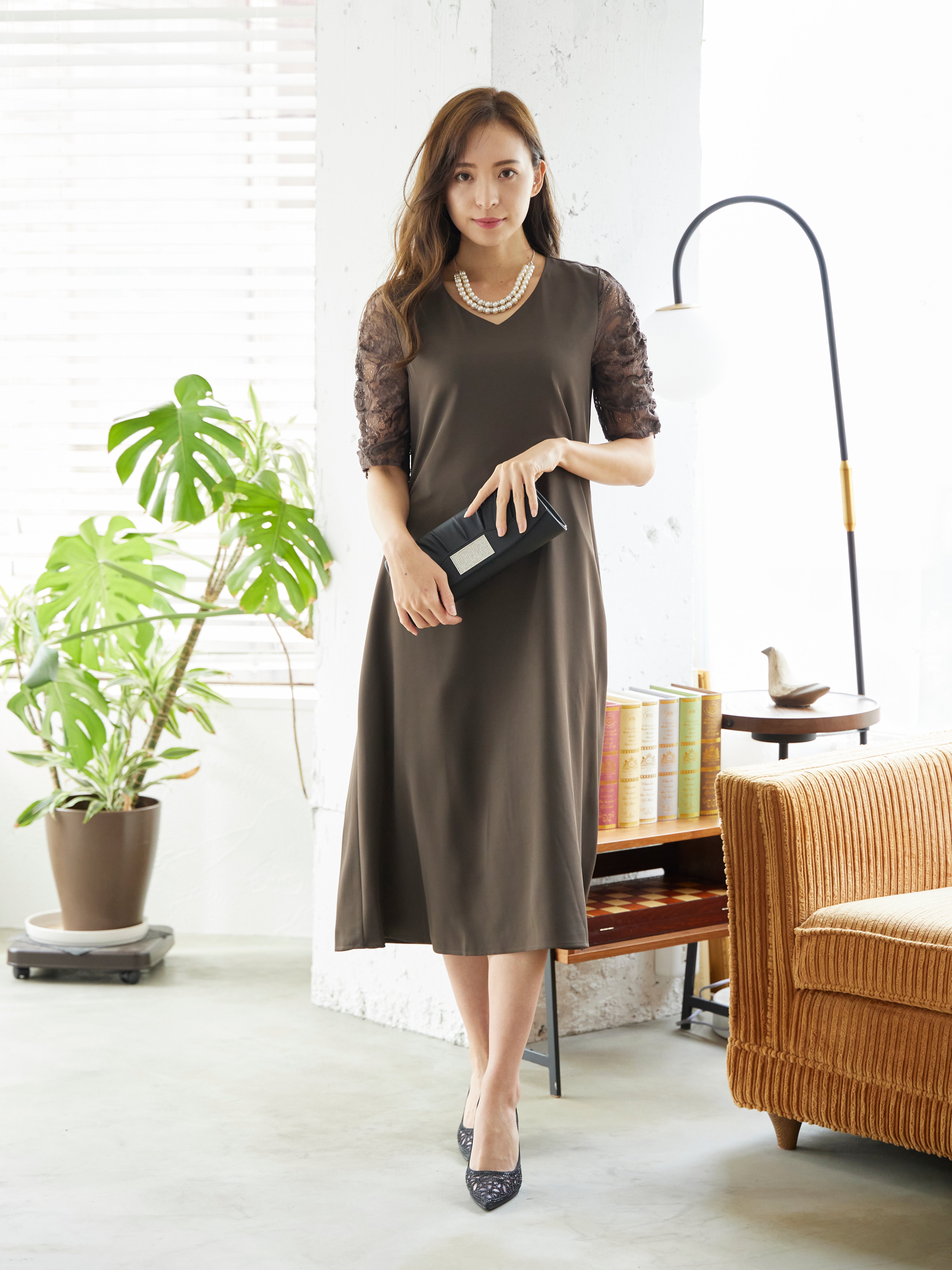 [レンタル] BELINDA DE CAPRIS Vネックギャザースリープ ワンピースドレス ブラウンの宅配レンタル - 4