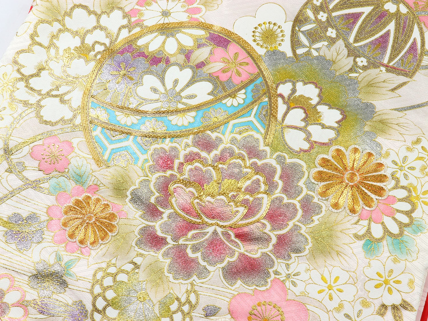 [レンタル] 女の子 お宮参り 産着 レンタル6点フルセット 正絹 金駒刺繍の鞠に流水に桜 白色に赤ぼかしの宅配レンタル - 4