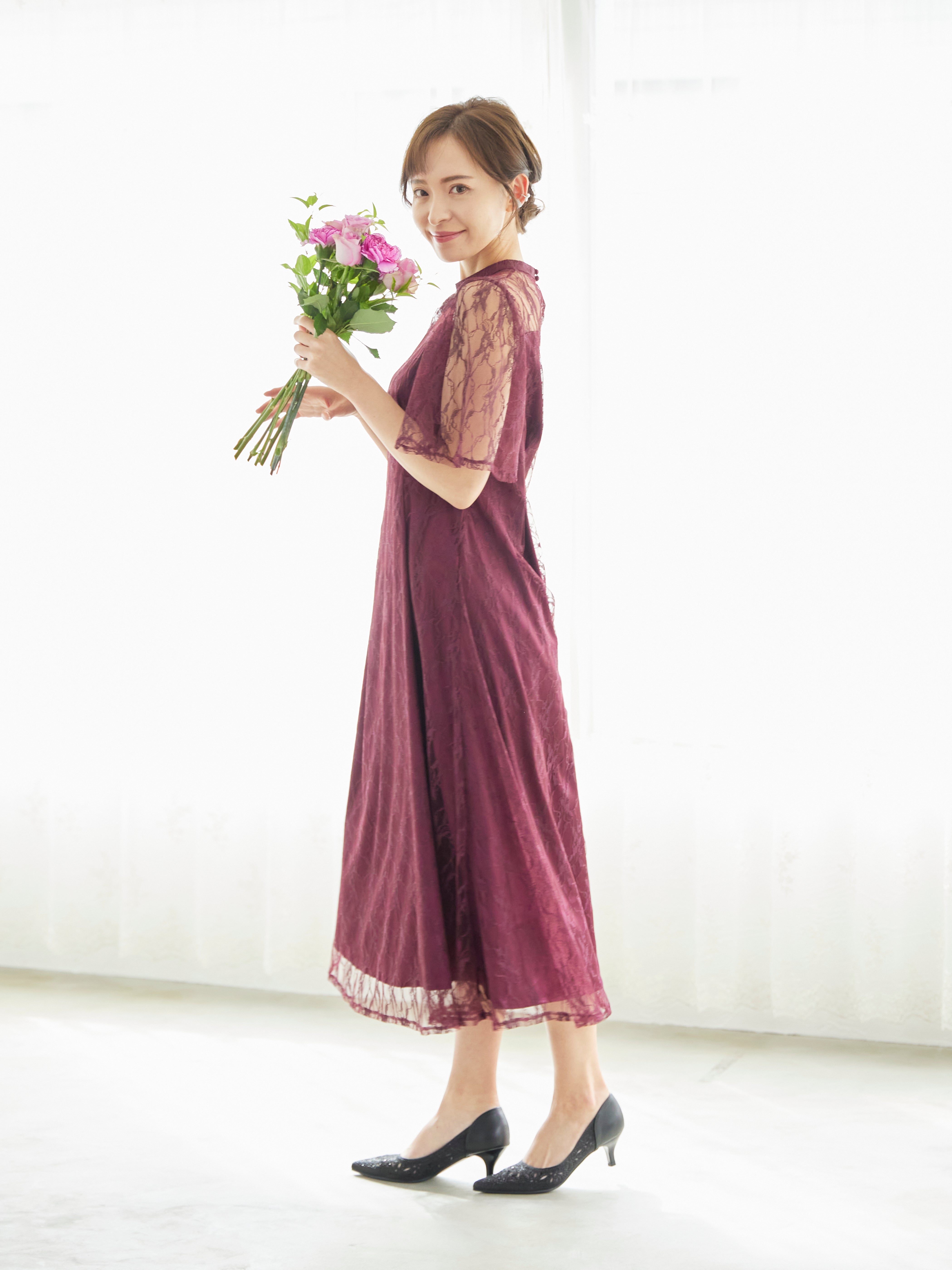 [レンタル] BELINDA DE CAPRIS 総レースフレア袖 ハイネック ワンピースドレス ワインレッドの宅配レンタル - 16