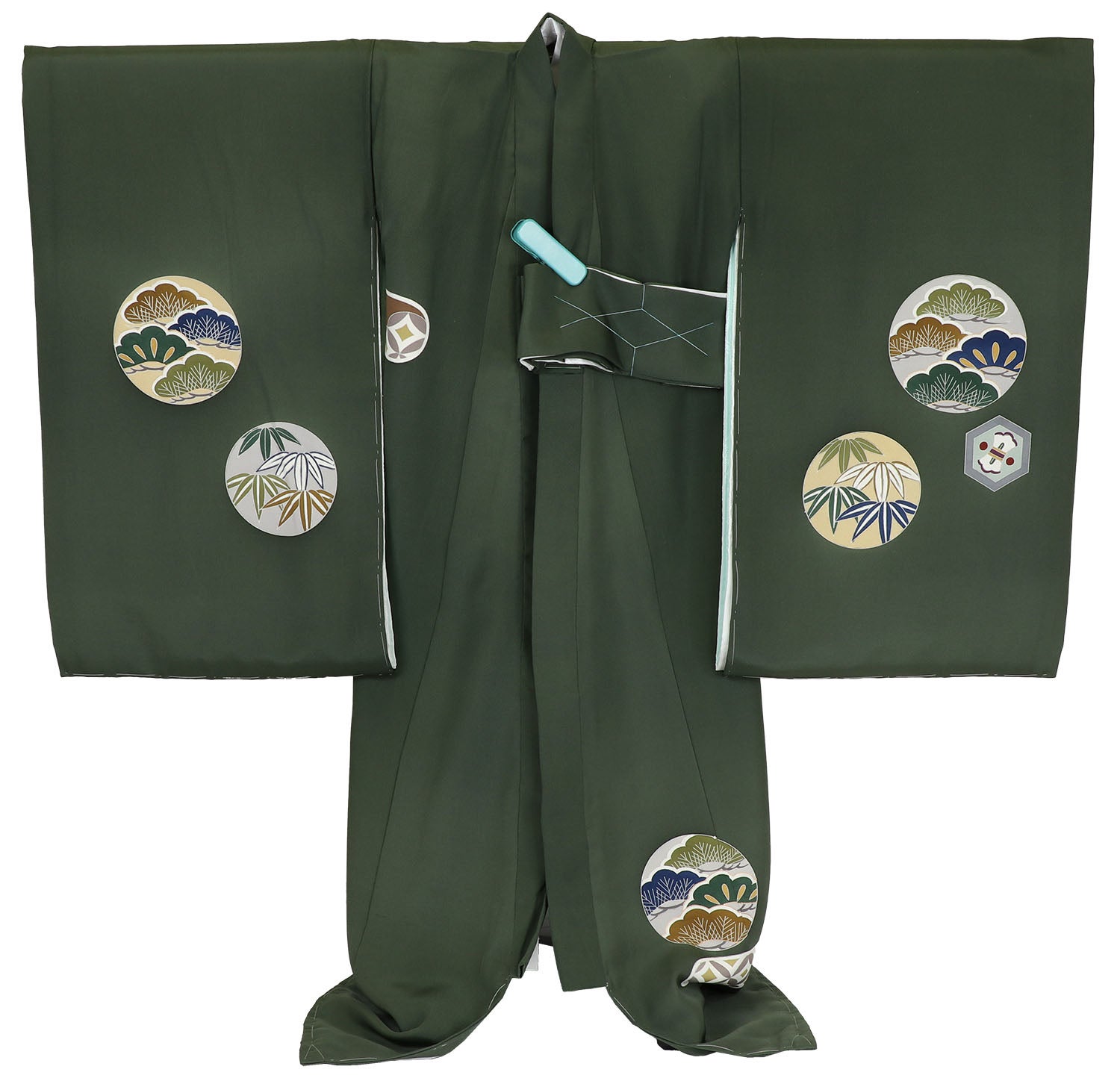 [レンタル] [手描友禅] 男の子 お宮参り 産着 手描友禅 レンタル6点フルセット 正絹 霞に小槌 深緑色の宅配レンタル - 2