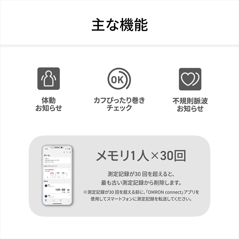 オムロン　血圧計上腕式血圧計 HCR-7308T2 主な機能 体動お知らせ・カフぴったり巻きチェック・不規則脈波お知らせ - 2