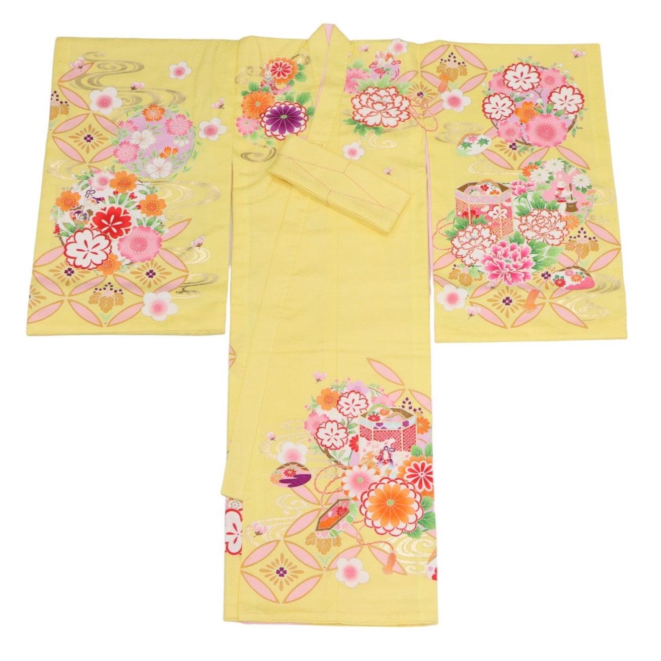 女の子 お宮参り 産着レンタル6点フルセット 貝桶 黄色