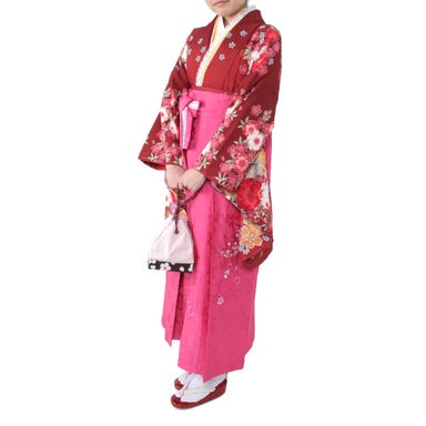 女性用 袴セット レース付き花柄 (着物、袴、和装小物一式) レッド