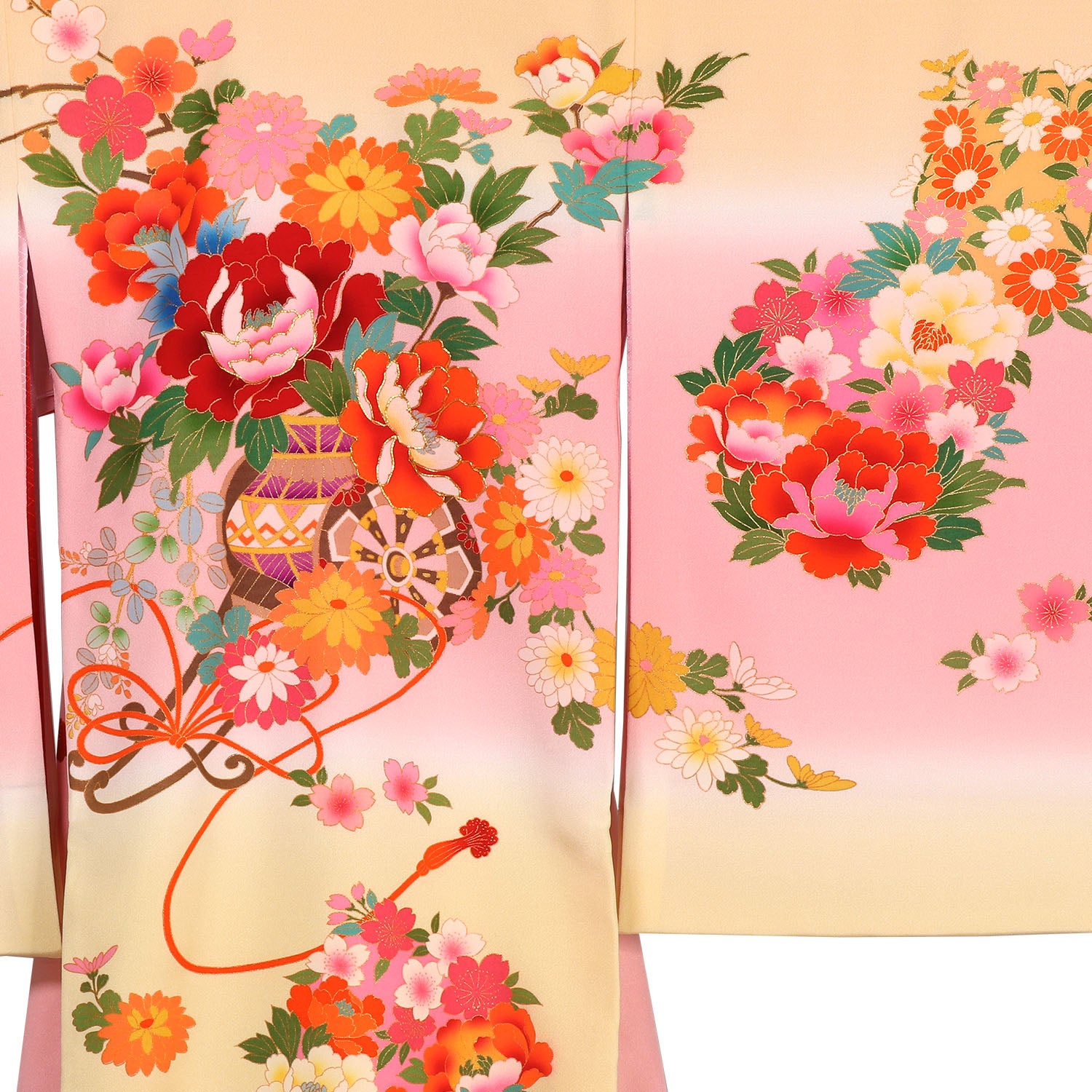 [レンタル] 女の子 お宮参り 産着 レンタル6点フルセット 正絹 牡丹の花車 クリーム色に赤ぼかしの宅配レンタル - 3