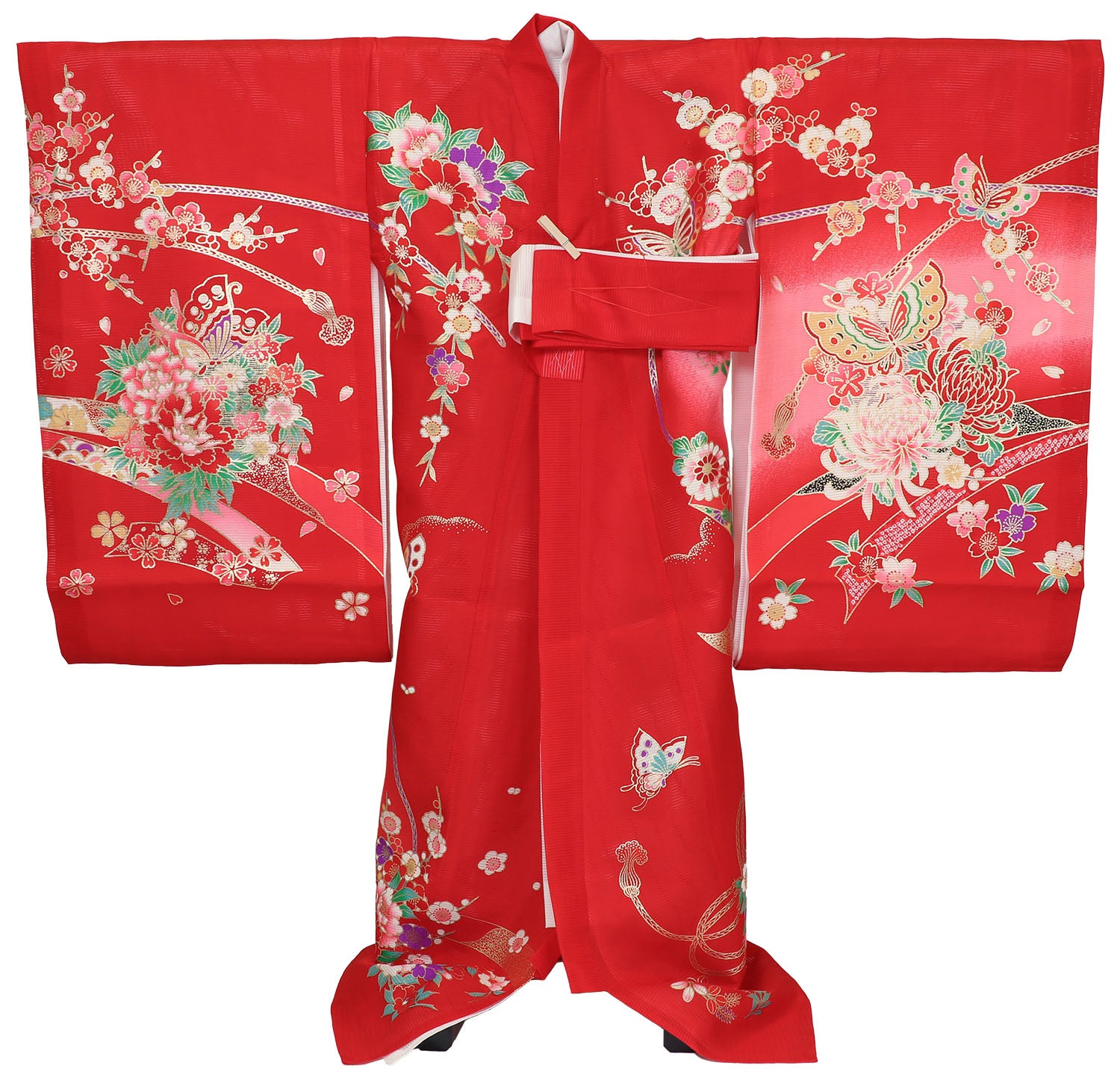 [レンタル] 女の子 お宮参り 産着 絽（夏用）レンタル6点フルセット 正絹 花車に蝶 赤色の宅配レンタル - 2
