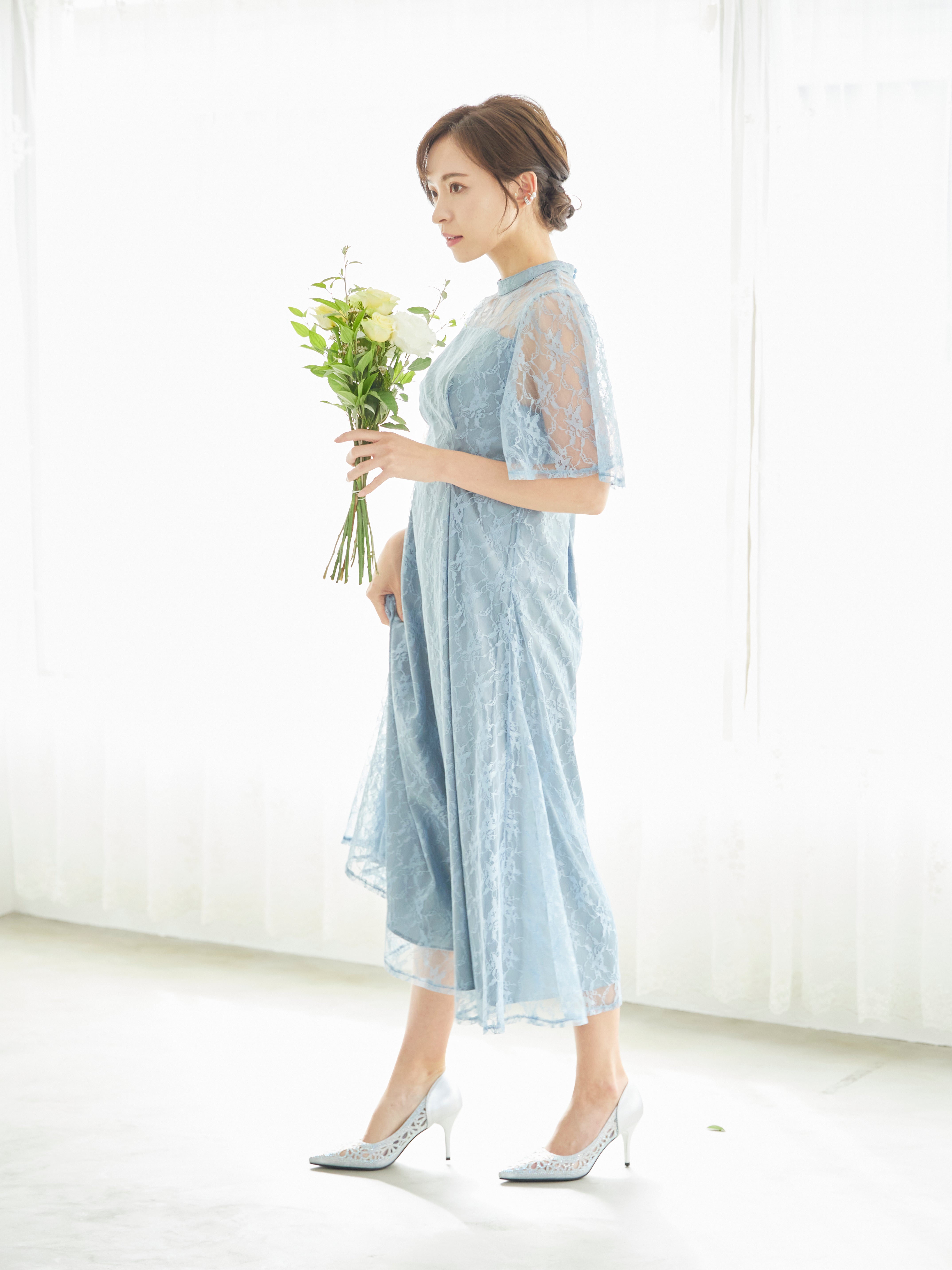 [レンタル] BELINDA DE CAPRIS 総レースフレア袖 ハイネック ワンピースドレス サックスブルーの宅配レンタル - 11