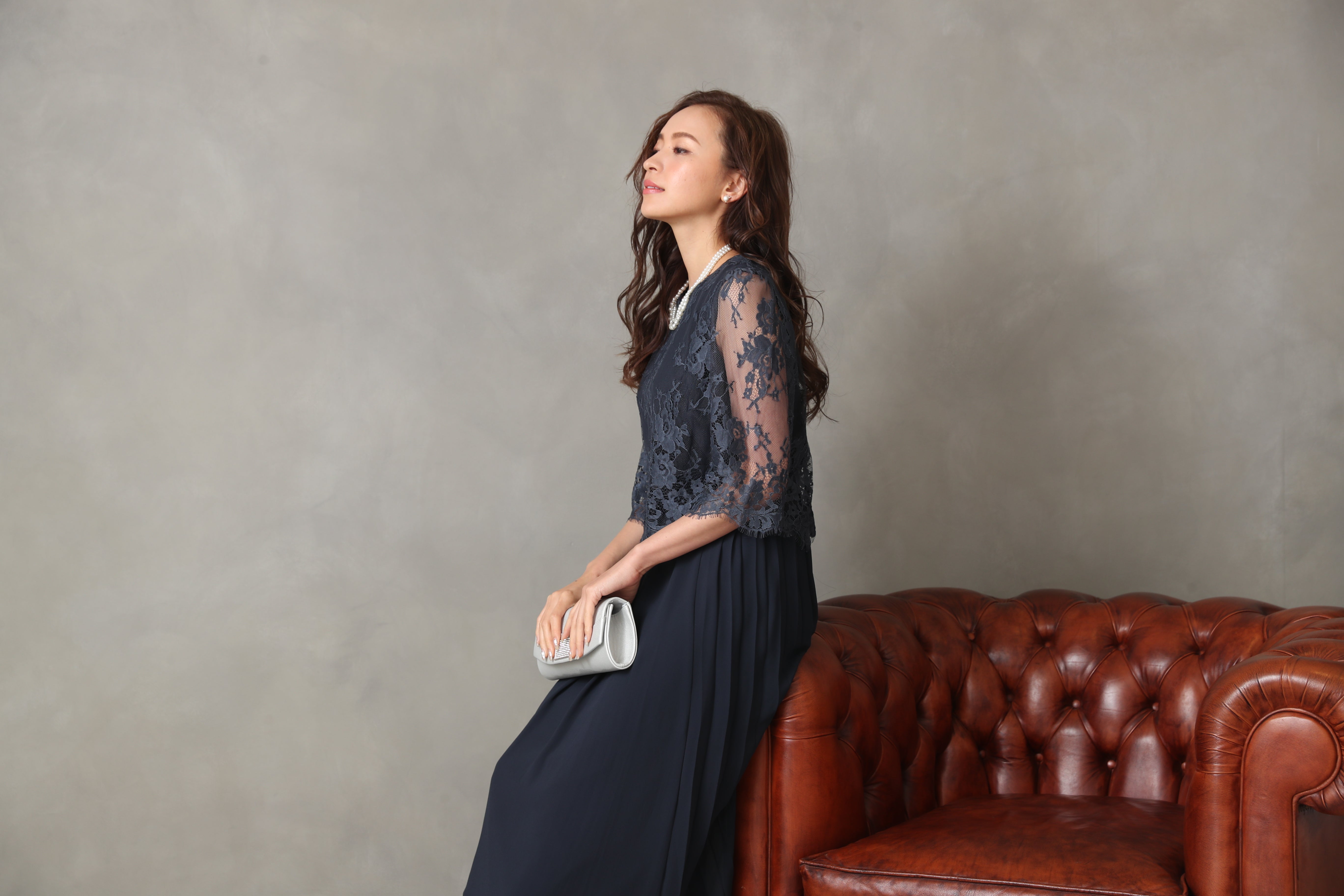 [レンタル] BELINDA DE CAPRIS サイドプリーツ レーススリーブ ワンピースドレス ネイビーの宅配レンタル - 9