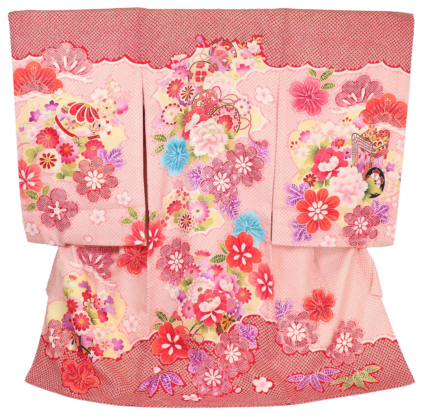 女の子 お宮参り 産着 レンタル6点フルセット 正絹 鼓に花々 赤色の疋田柄