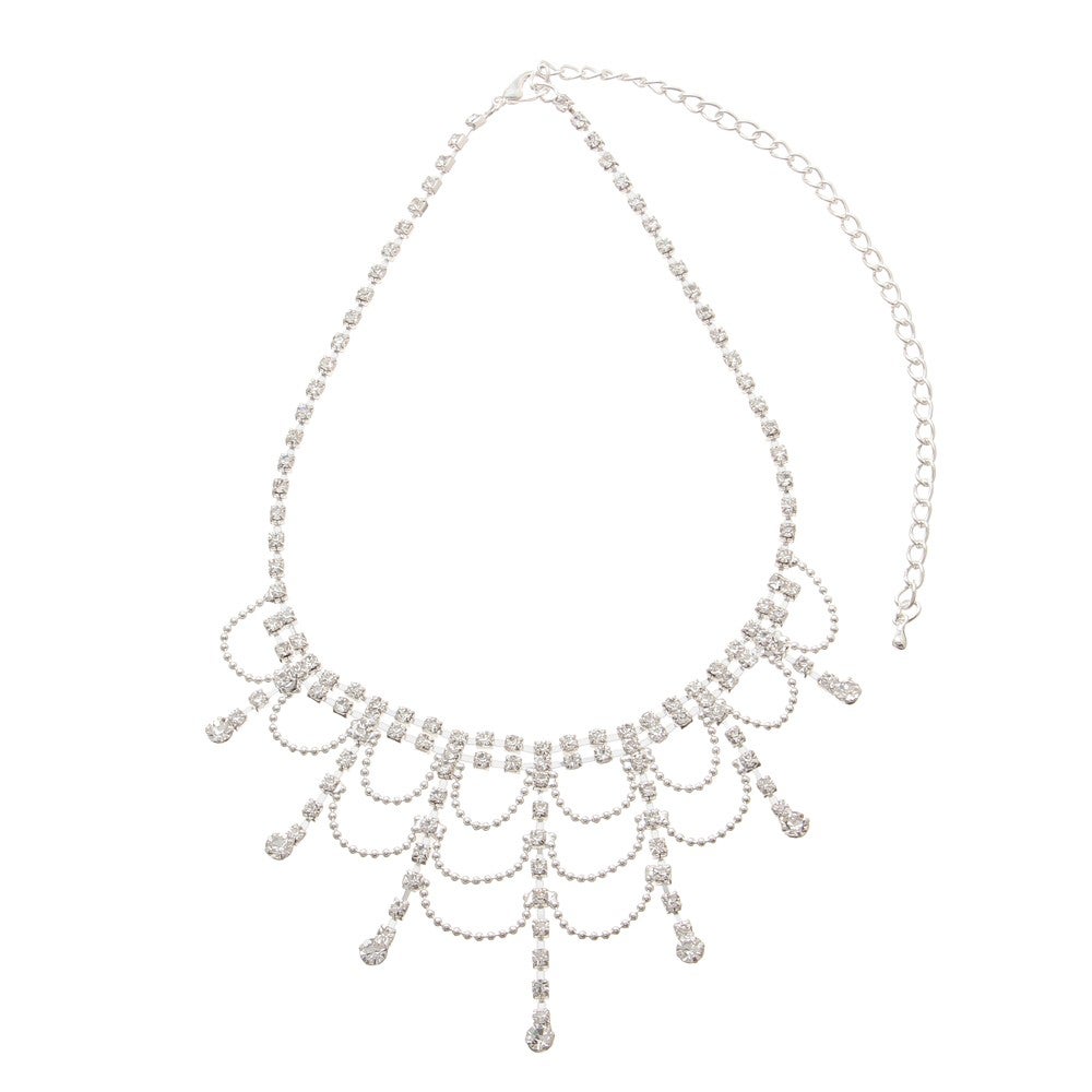 [レンタル] レディース ドレープデザイン ラインストーン ネックレス＆イヤリング シルバー