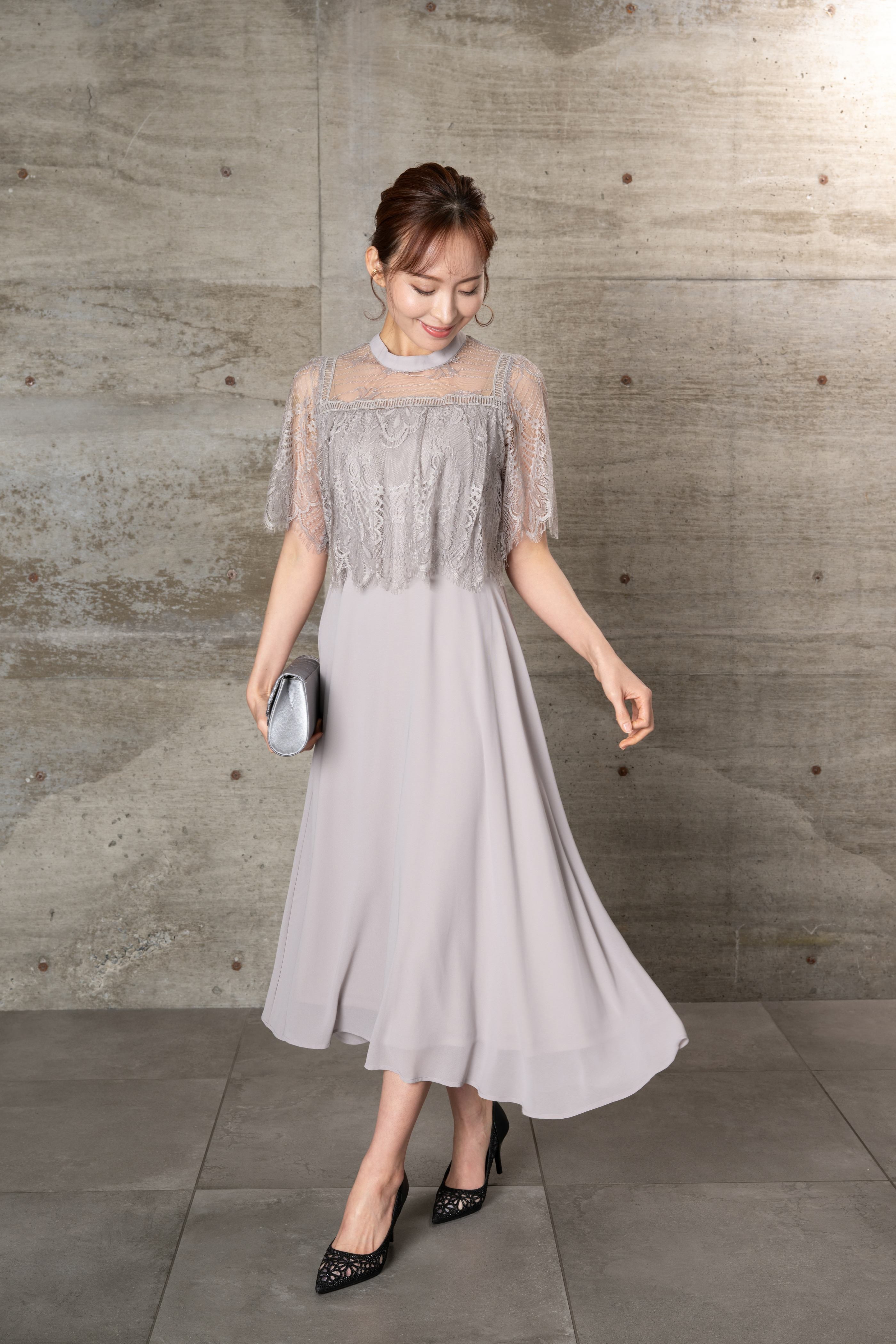 [レンタル] BELINDA DE CAPRIS スタンドカラーフレアドレス グレー Mサイズ