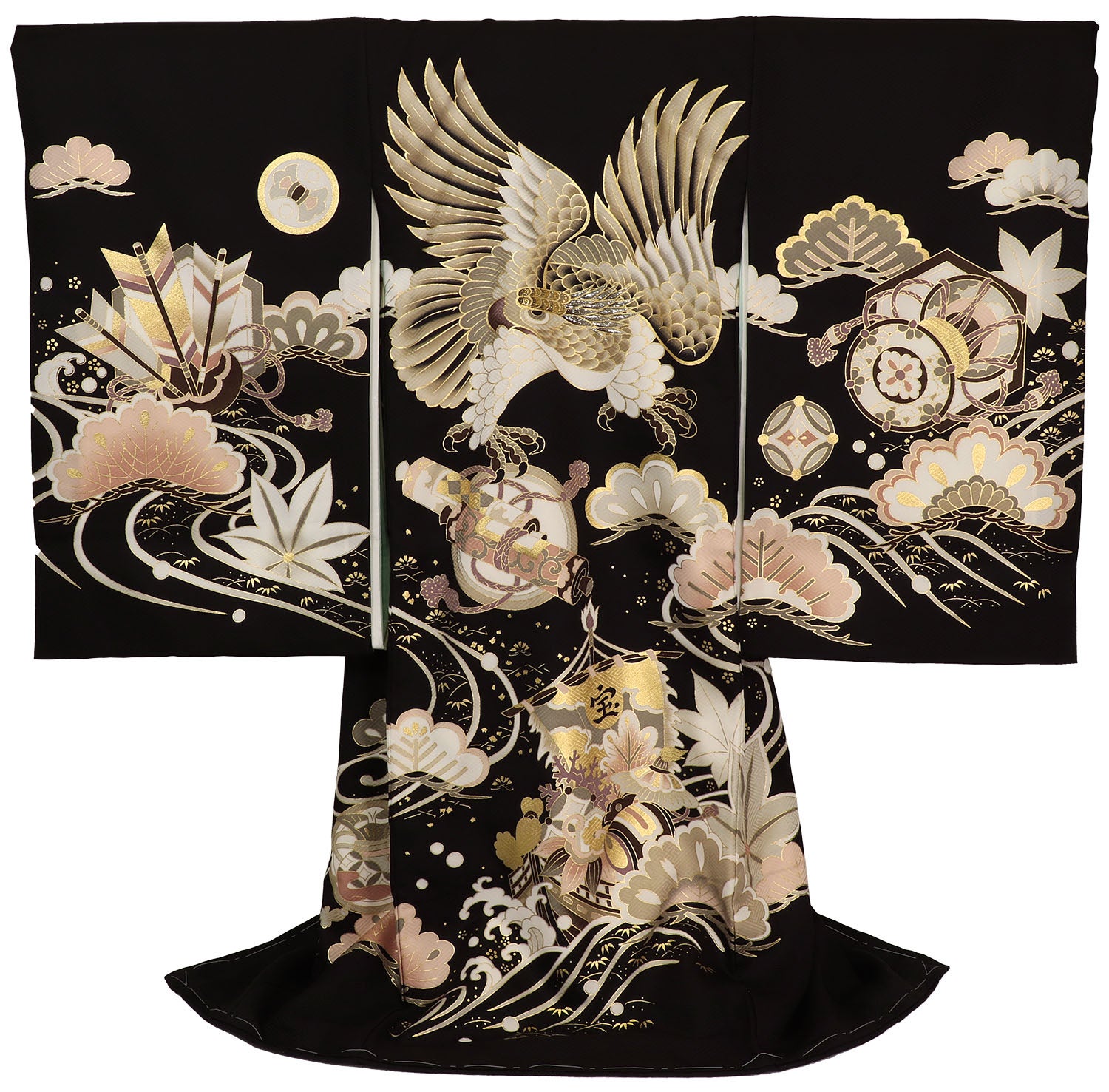 男の子 お宮参り 産着 レンタル6点フルセット 正絹 鷹に宝船 黒色