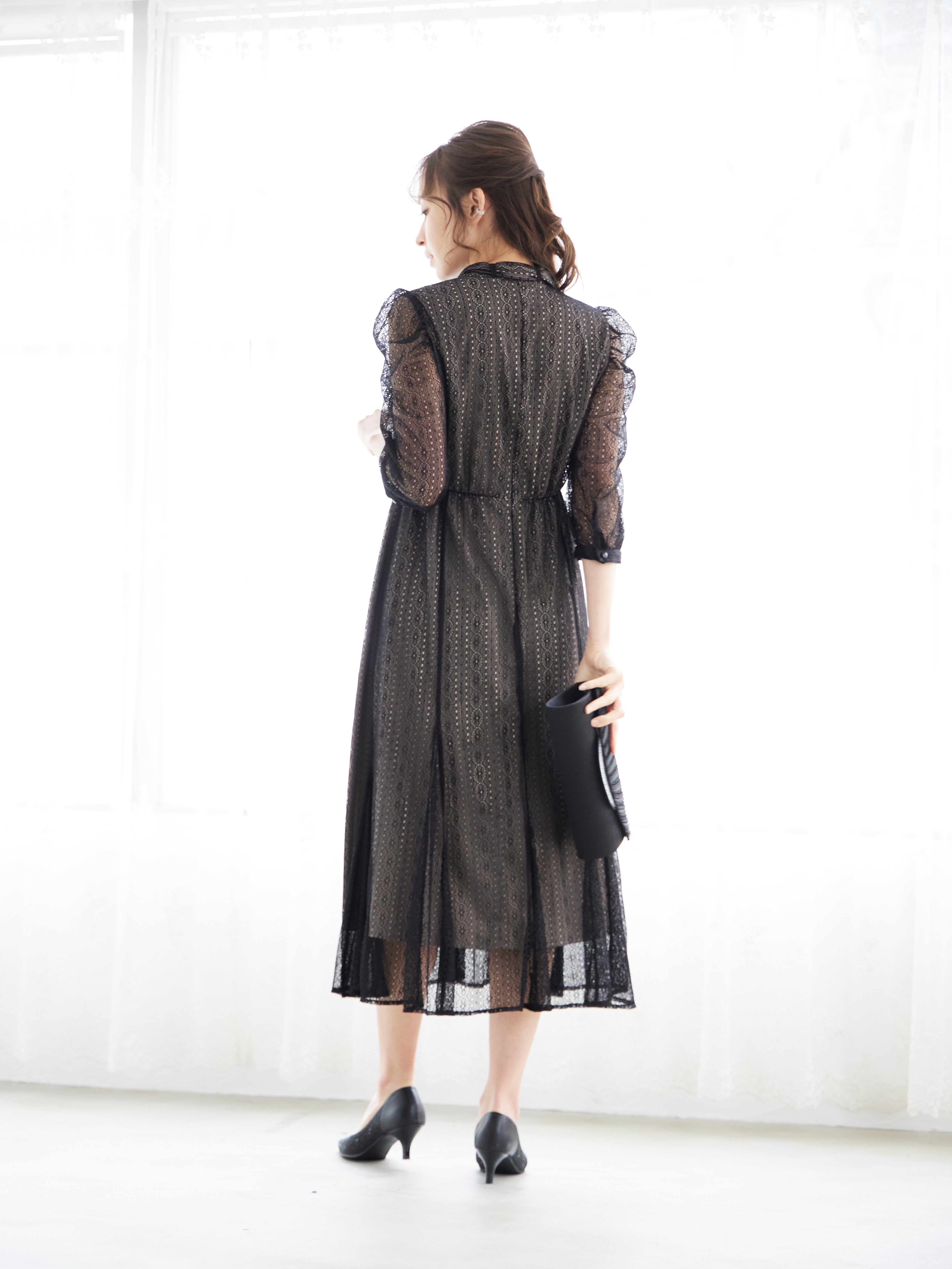 [レンタル] BELINDA DE CAPRIS リボン付きギャザースリーブ レースワンピースドレス ブラックの宅配レンタル - 4