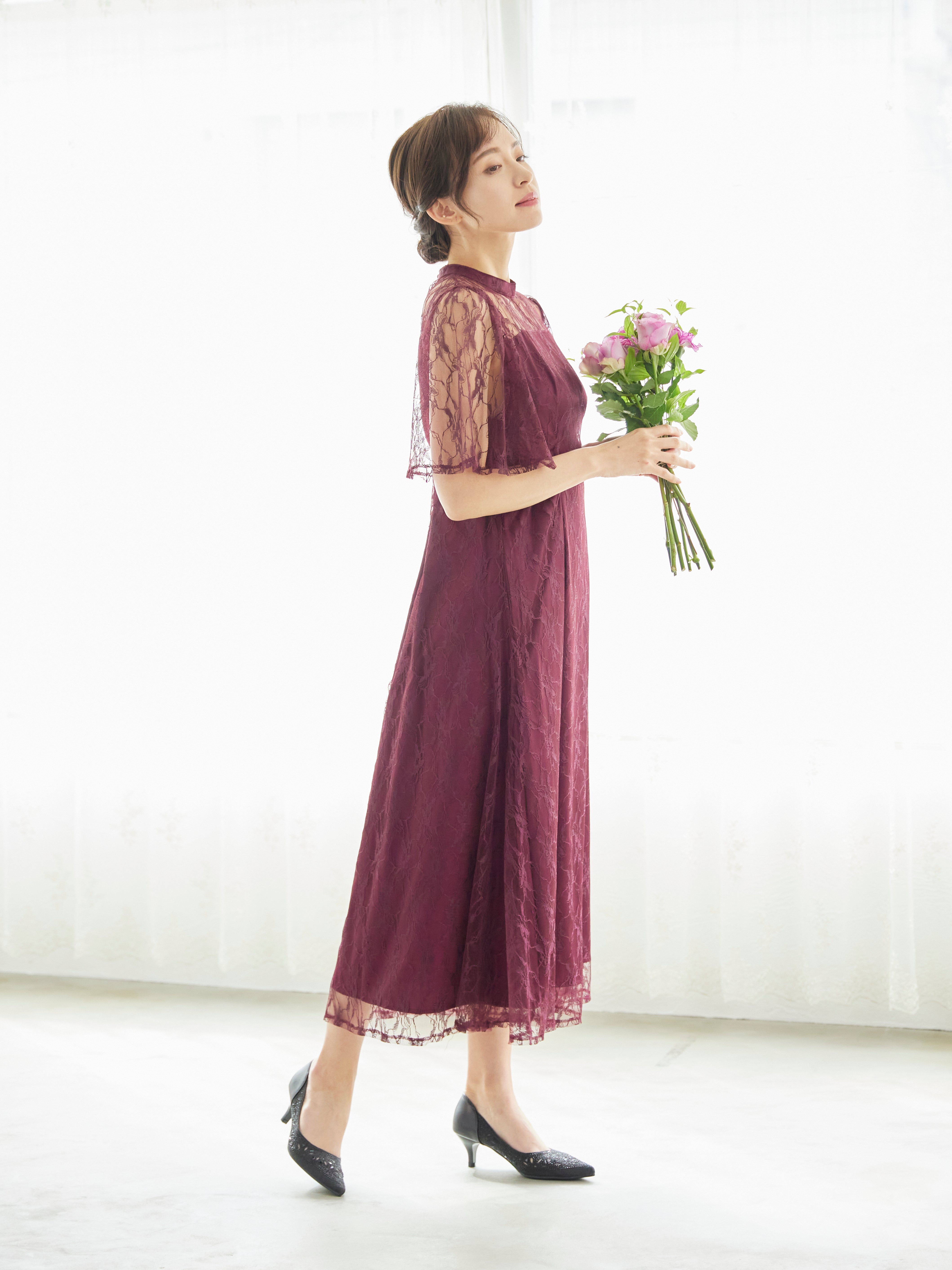 [レンタル] BELINDA DE CAPRIS 総レースフレア袖 ハイネック ワンピースドレス ワインレッドの宅配レンタル - 8