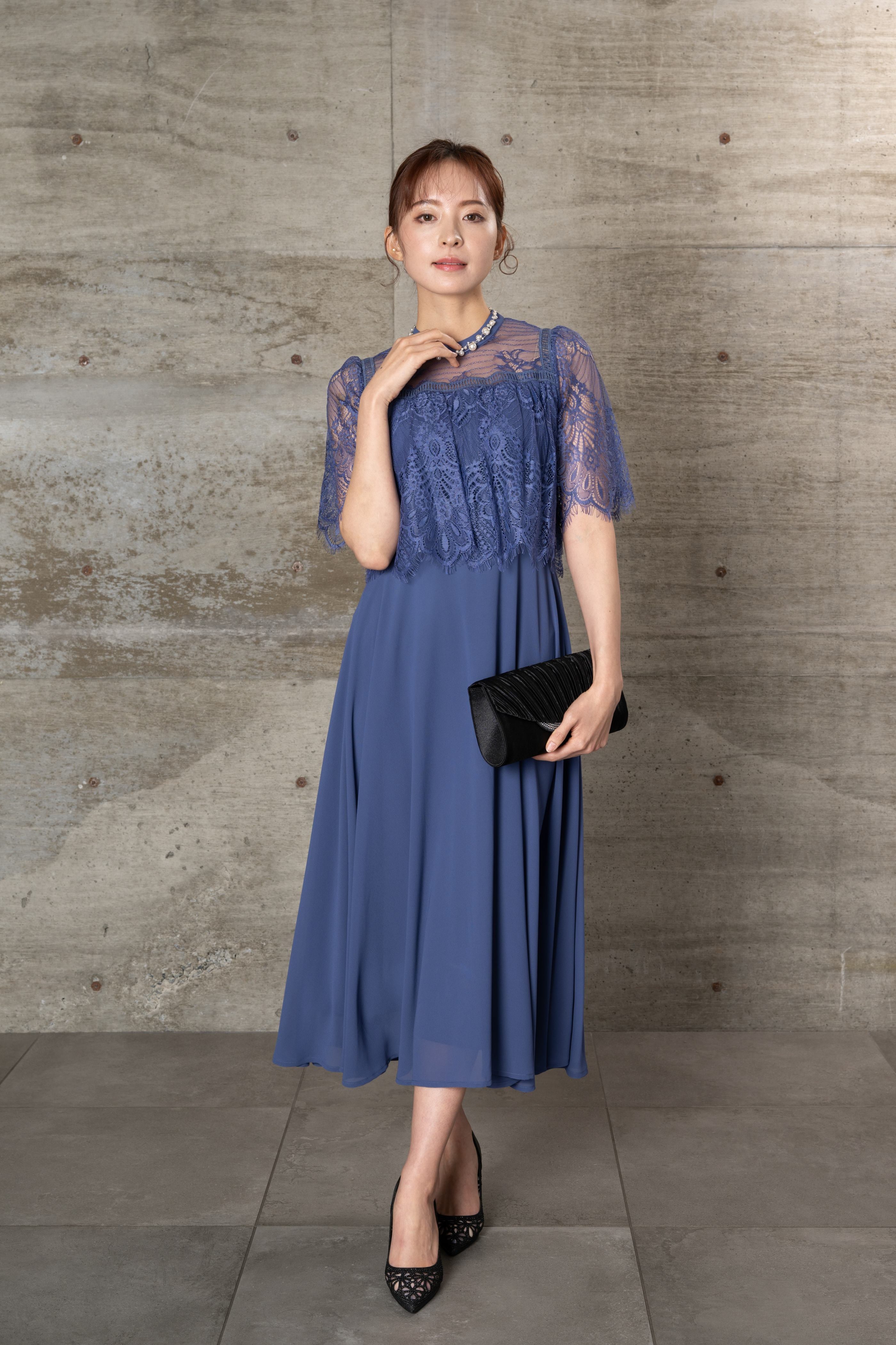 [レンタル] BELINDA DE CAPRIS スタンドカラーフレアドレス ブルー Lサイズ