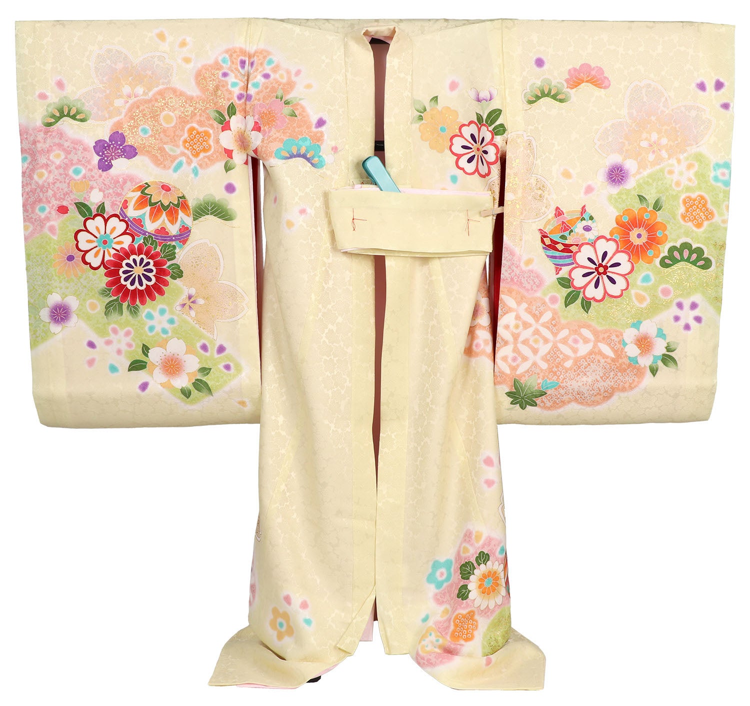 [レンタル] 女の子 お宮参り 産着 レンタル6点フルセット 正絹 鞠尽くし クリーム色の宅配レンタル - 2