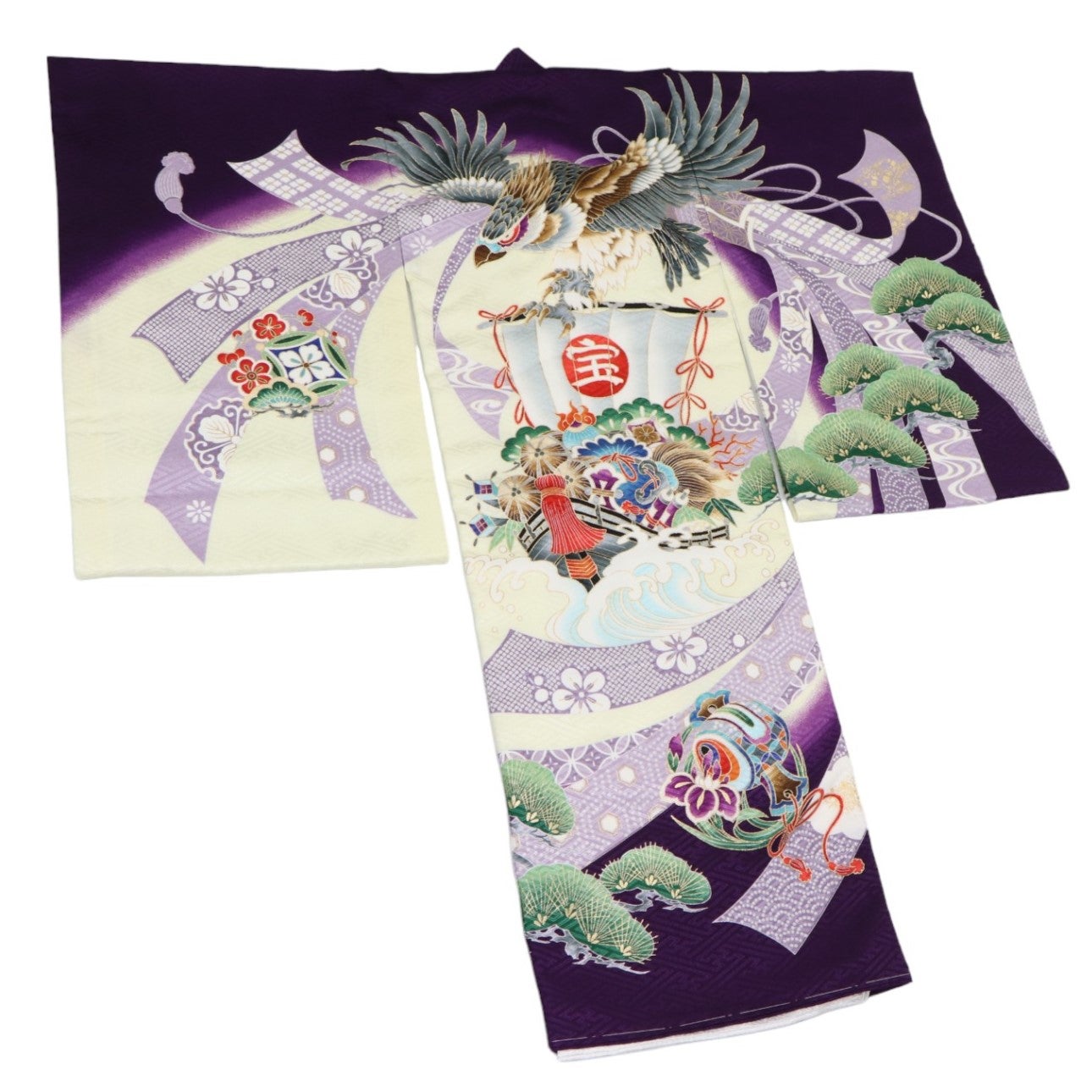 [レンタル] 男の子 お宮参り 産着レンタル6点フルセット 鷹に宝船 紫の宅配レンタル - 4