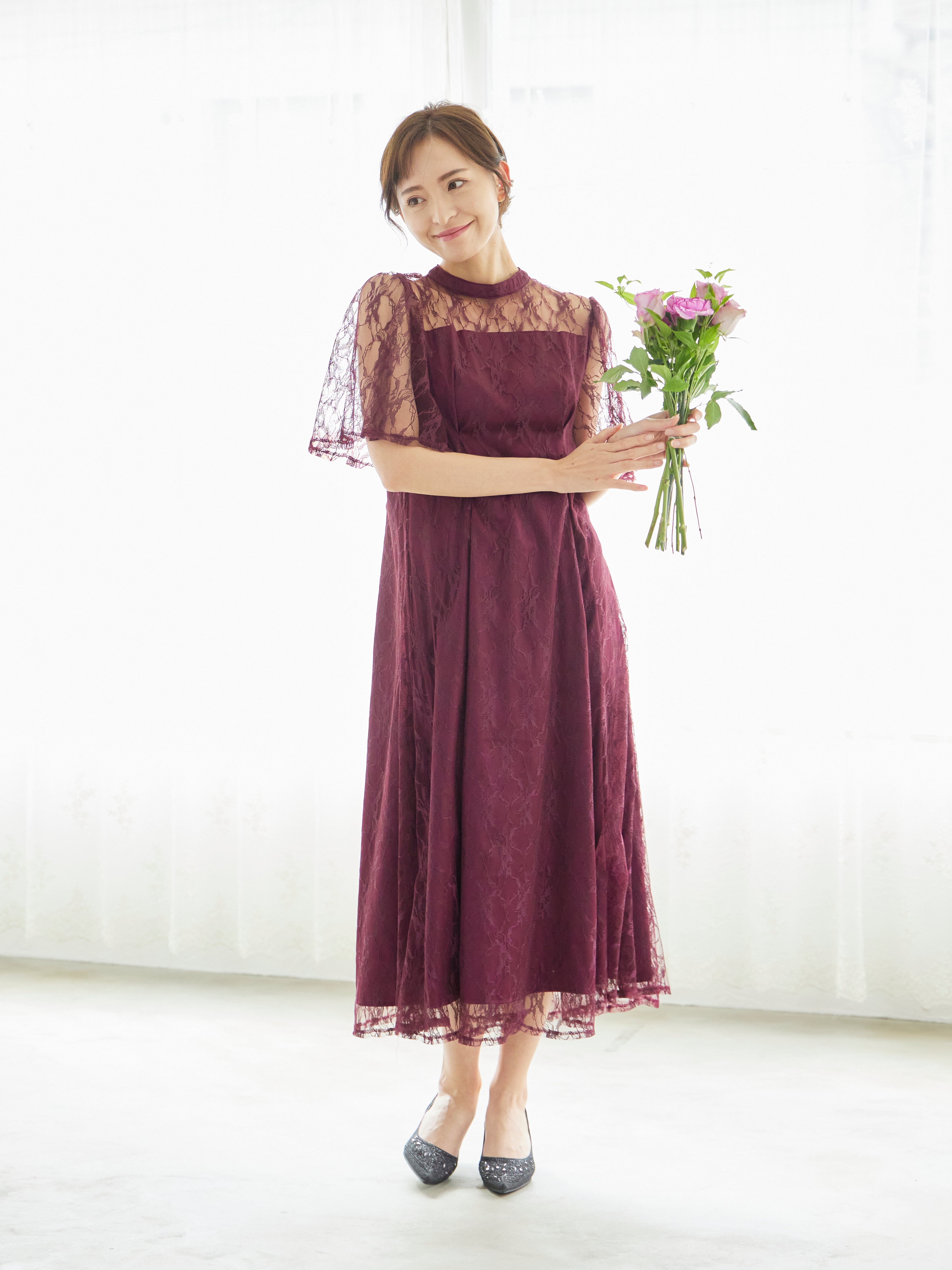 【美品】VALERIANE フレア袖チュールワンピースドレス　Lサイズ レンタル] BELINDA DE CAPRIS 総レースフレア袖 ハイネック ワンピース