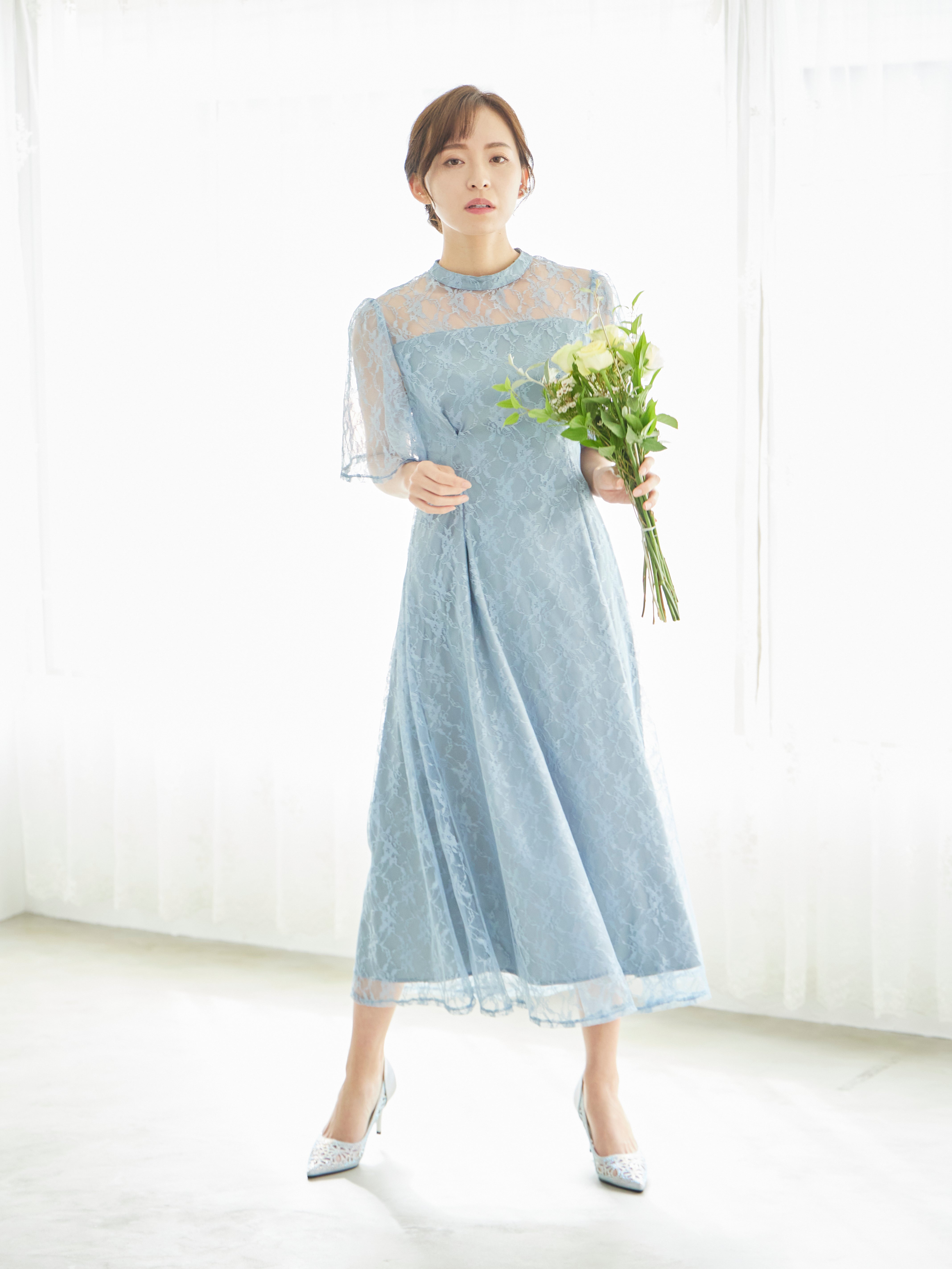 レンタル] BELINDA DE CAPRIS 総レースフレア袖 ハイネック ワンピース