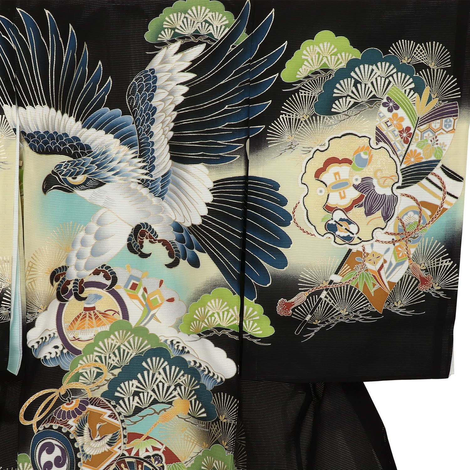 [レンタル] 男の子 お宮参り 産着 絽（夏用） レンタル6点フルセット 正絹 鷹に松+宝尽くし 黒色の宅配レンタル - 3