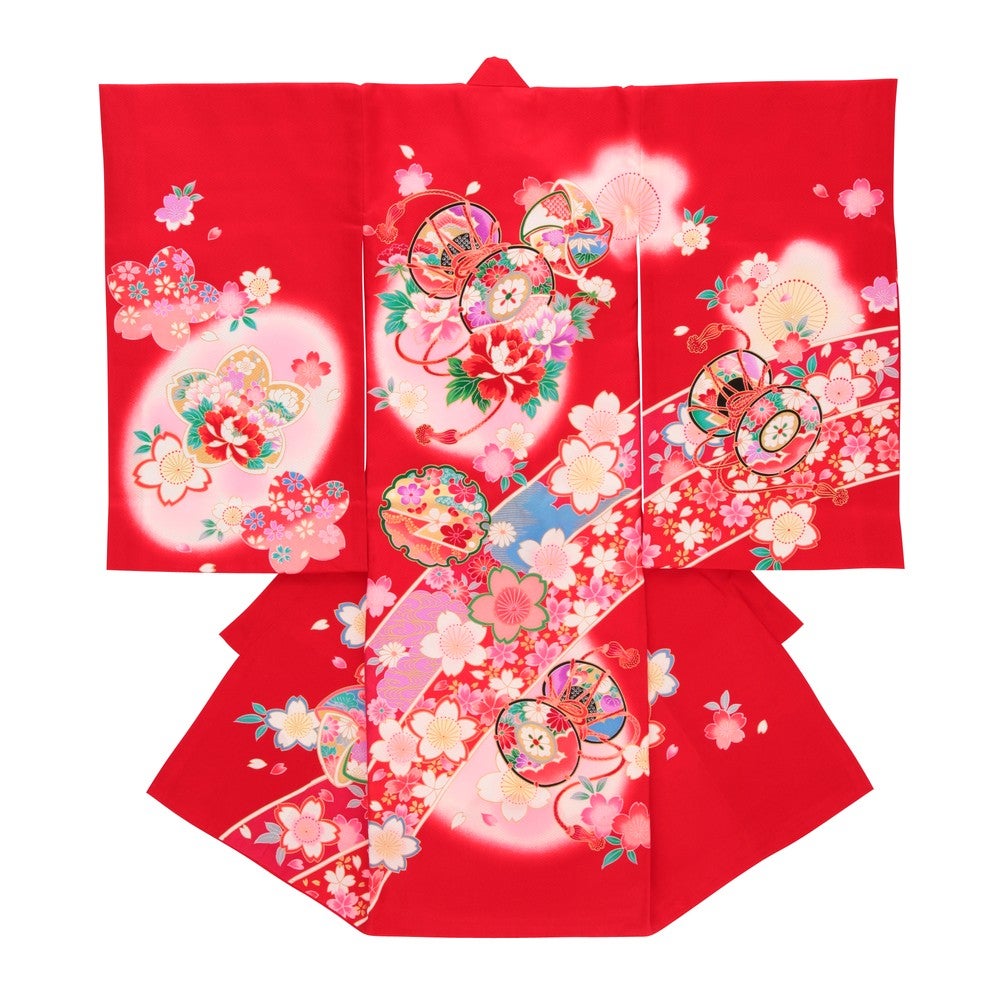 女の子 お宮参り 産着レンタル6点フルセット 正絹 桜 短冊