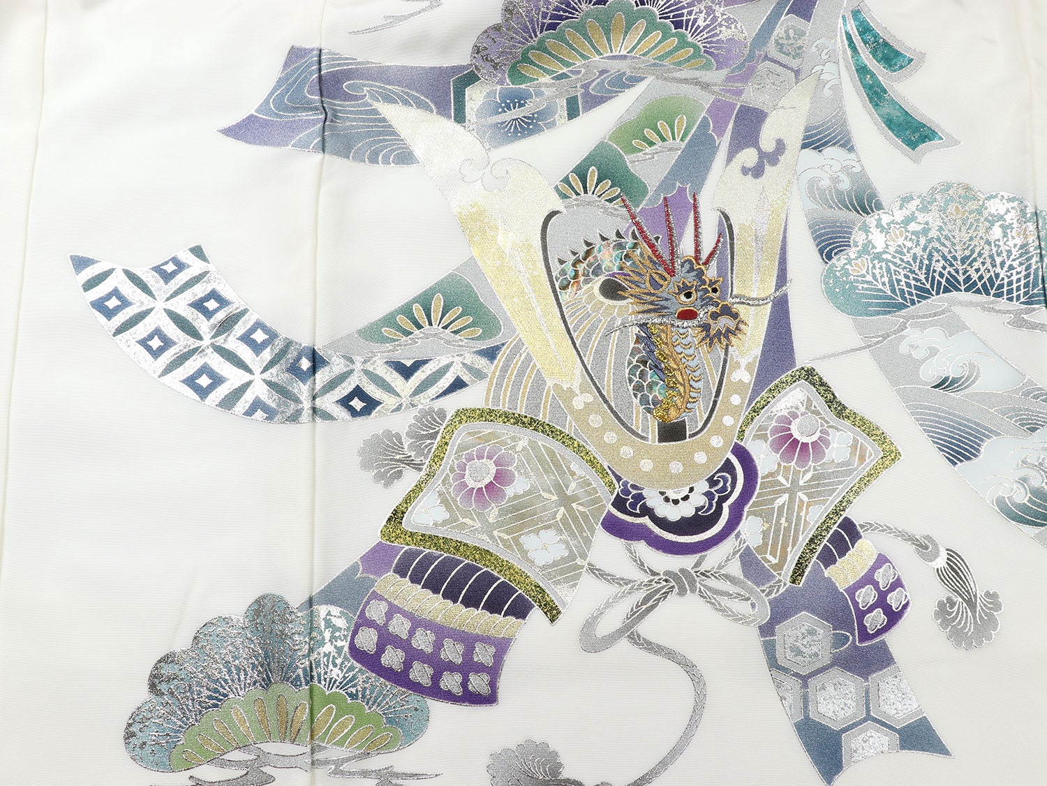 [レンタル] 男の子 お宮参り 産着 レンタル6点フルセット 正絹 銀縁の鷹に兜と束熨斗 白色の宅配レンタル - 7