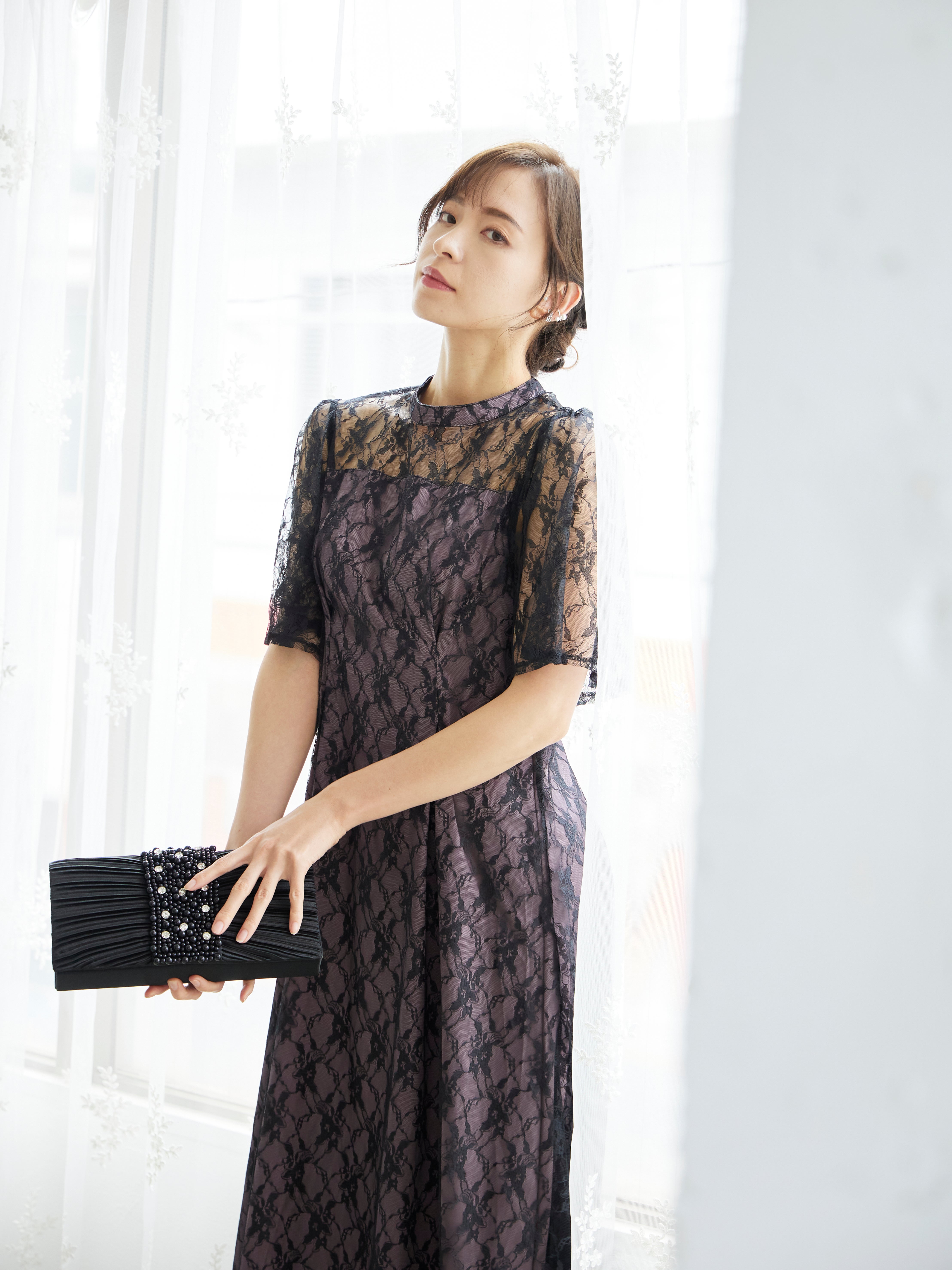 [レンタル] BELINDA DE CAPRIS 総レースフレア袖 ハイネック ワンピースドレス ブラックの宅配レンタル - 18