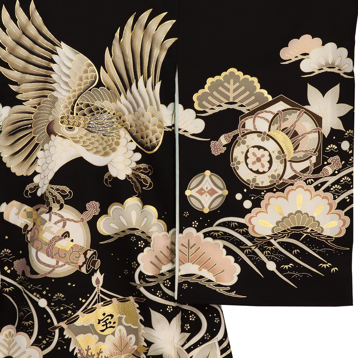 [レンタル] 男の子 お宮参り 産着 レンタル6点フルセット 正絹 鷹に宝船 黒色の宅配レンタル - 3