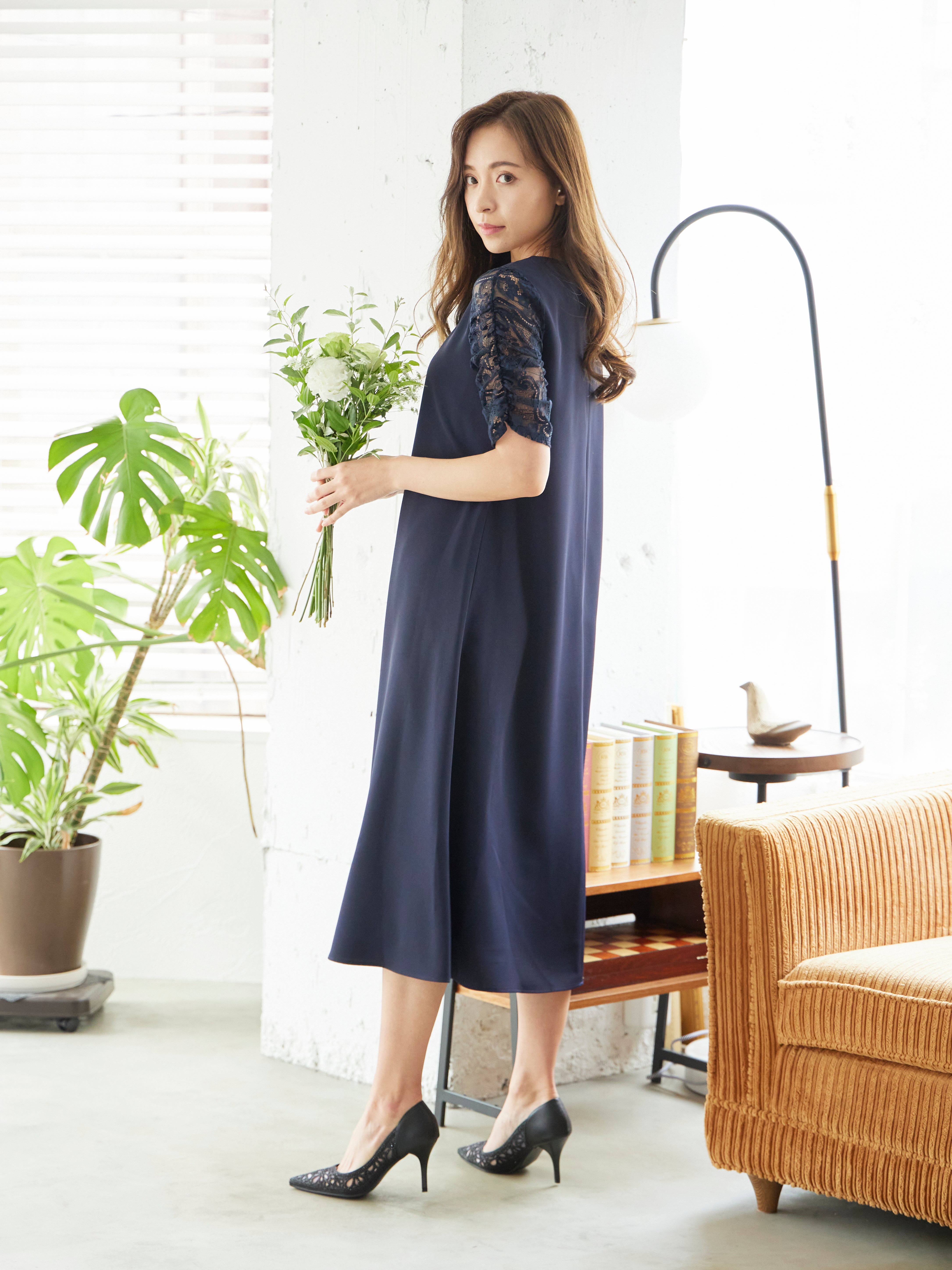 [レンタル] BELINDA DE CAPRIS Vネックギャザースリープ ワンピースドレス ネイビーの宅配レンタル - 6