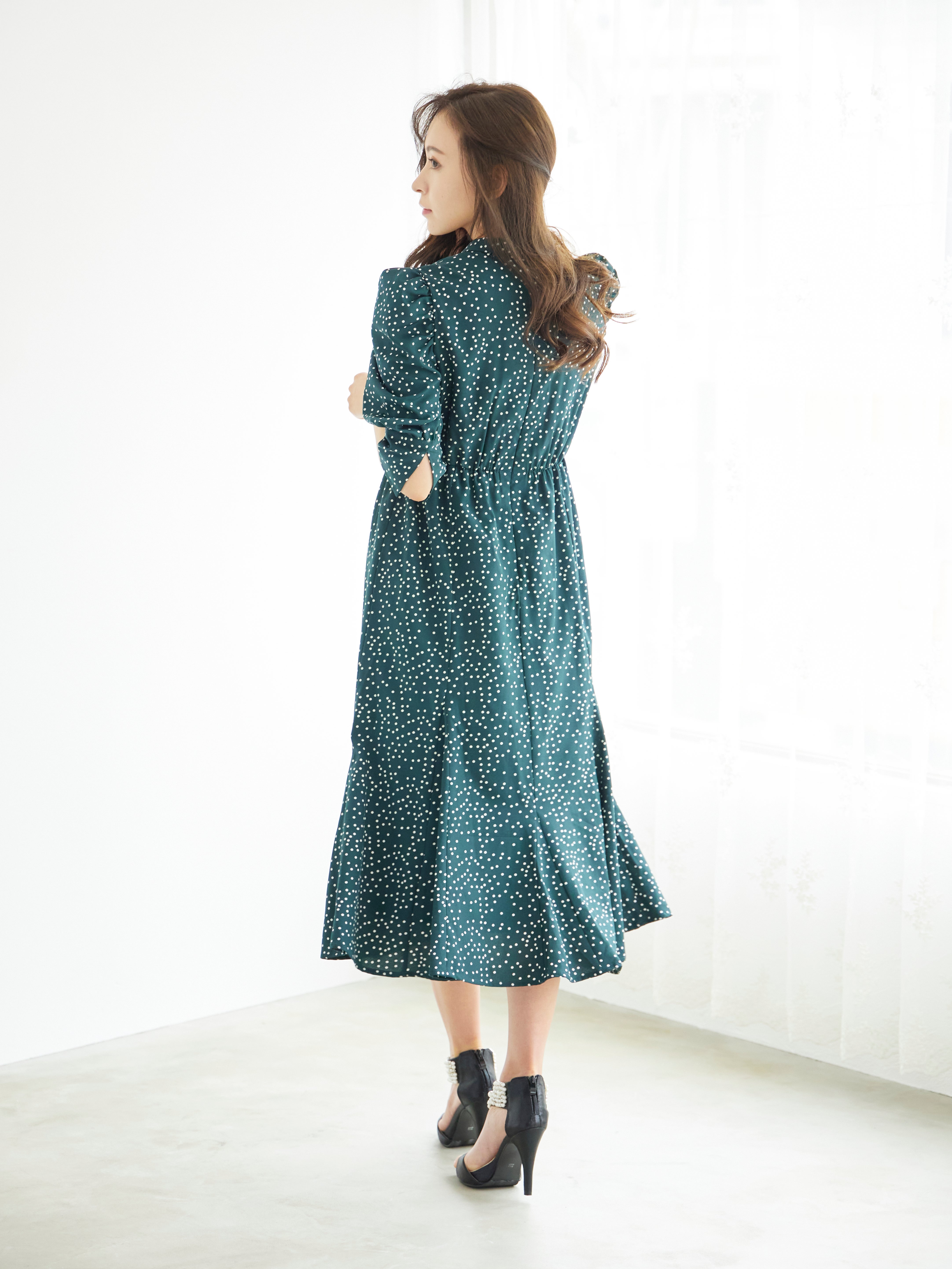 [レンタル] BELINDA DE CAPRIS ギャザースリーブ ドットワンピースドレス グリーンの宅配レンタル - 8