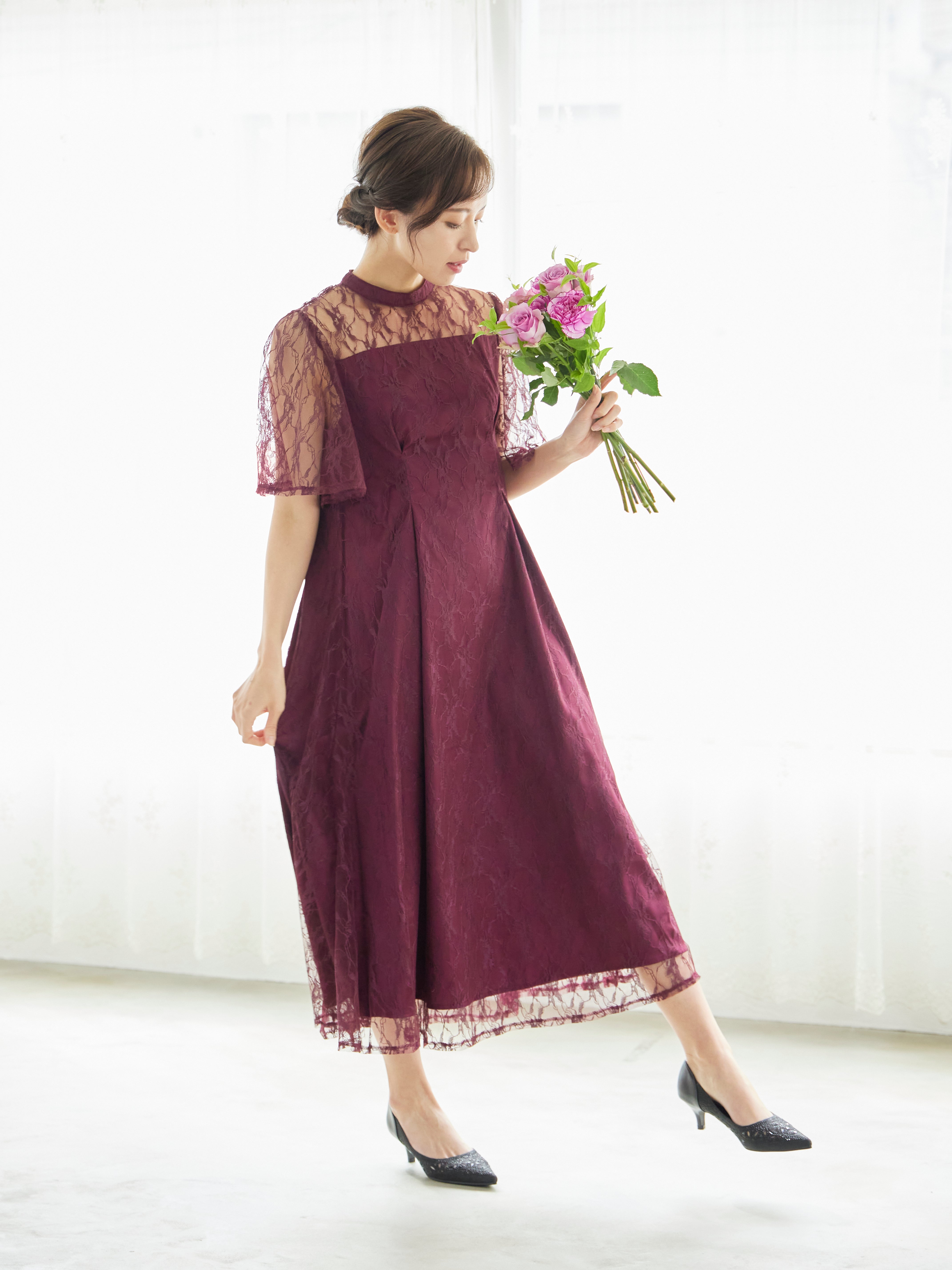 [レンタル] BELINDA DE CAPRIS 総レースフレア袖 ハイネック ワンピースドレス ワインレッドの宅配レンタル - 5